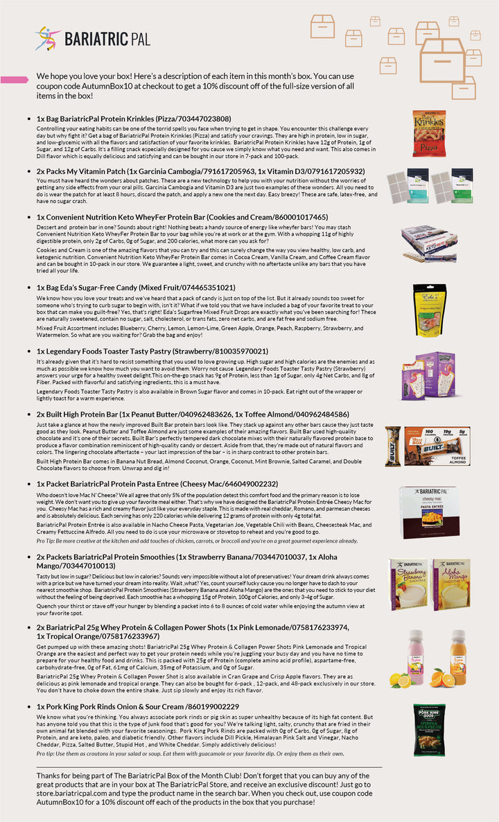 A detailed product information sheet for the Bariatric Pal monthly subscription box, listing descriptions and product images for items such as protein bars, snacks, and supplements alongside a 10% discount code.
