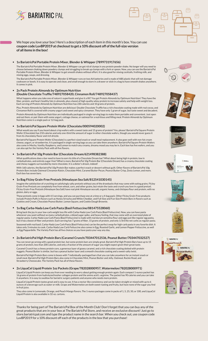 Informational flyer for a Bariatric Pal subscription box, detailing and picturing various protein-rich snacks, powders, and treats with descriptions and product codes.