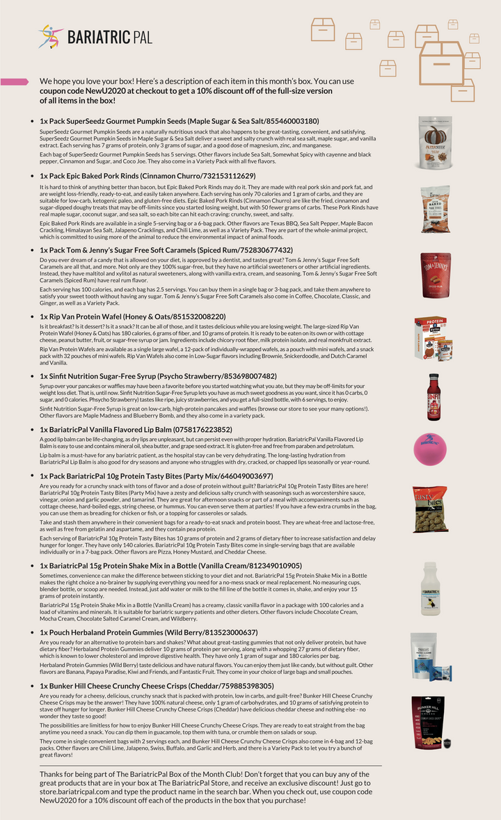 An informational sheet for the Bariatric Pal monthly subscription box listing the included snack and wellness products with descriptions and corresponding images in a vertical column on the right.