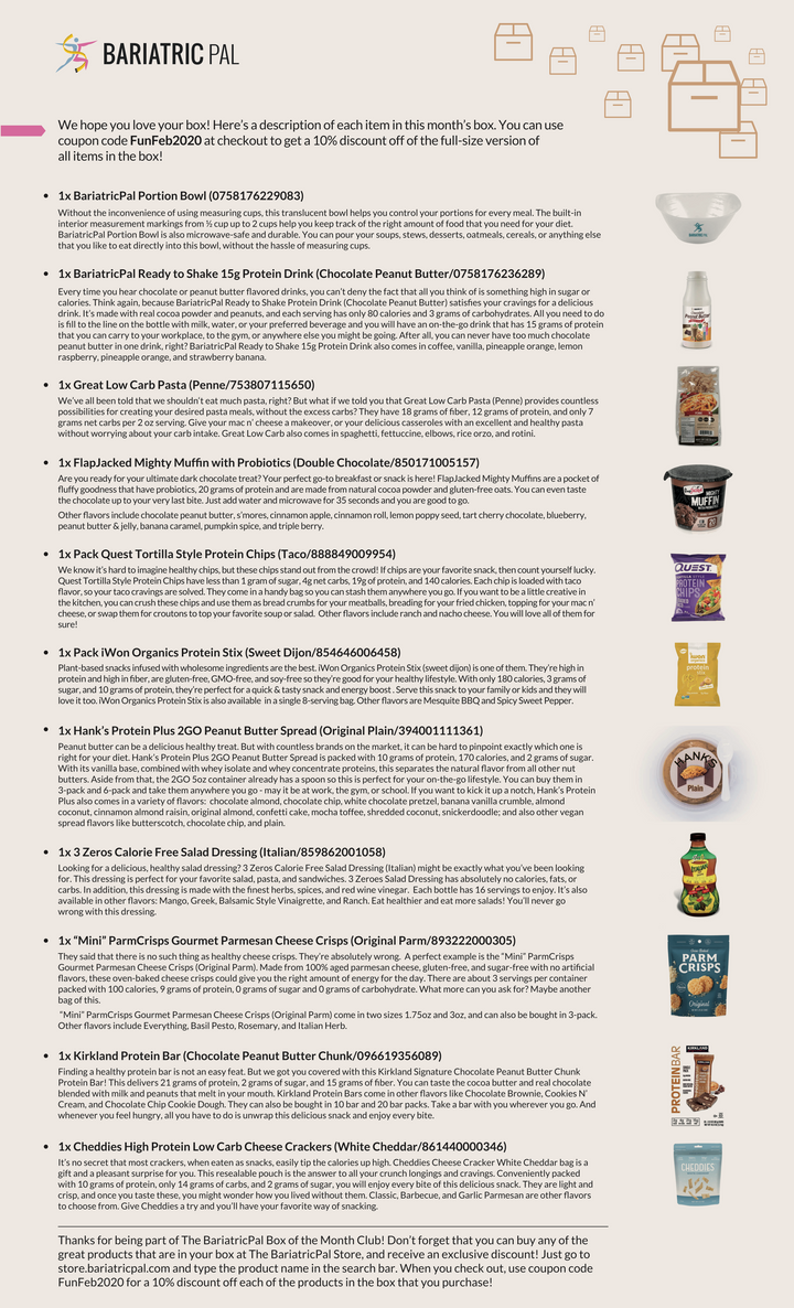 Informational product flyer for Bariatric Pal listing various low-carb snacks, portion control bowls, and protein drinks included in a monthly subscription box.