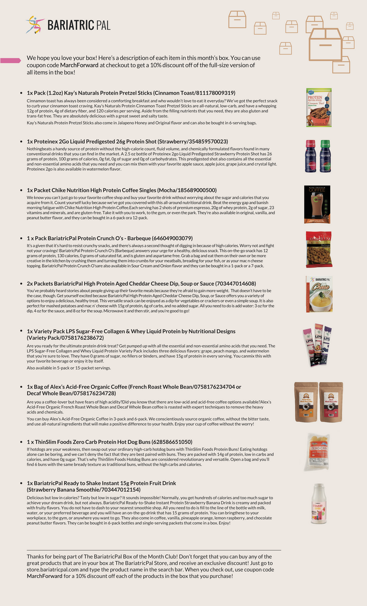 BariatricPal subscription box contents list featuring descriptions and product images for high-protein snacks, drinks, and dietary items.