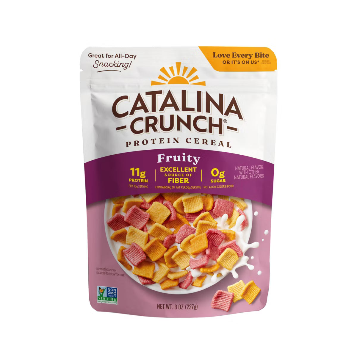 A colorful bag of Catalina Crunch Fruity Protein Cereal displays the product name, nutritional highlights, and an image of the cereal pieces with a splash of milk, emphasizing its healthy snack appeal.