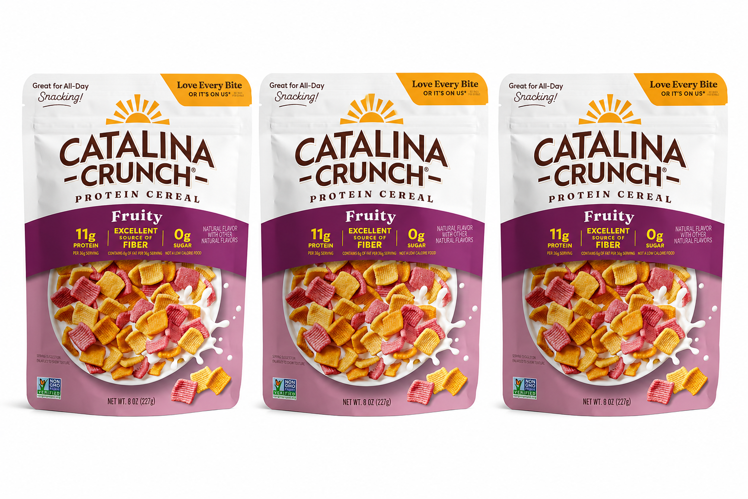 Three bags of Catalina Crunch Fruity Protein Cereal are displayed, each featuring colorful cereal pieces and highlighting nutritional information, including 11 grams of protein and 0 grams of sugar per serving.
