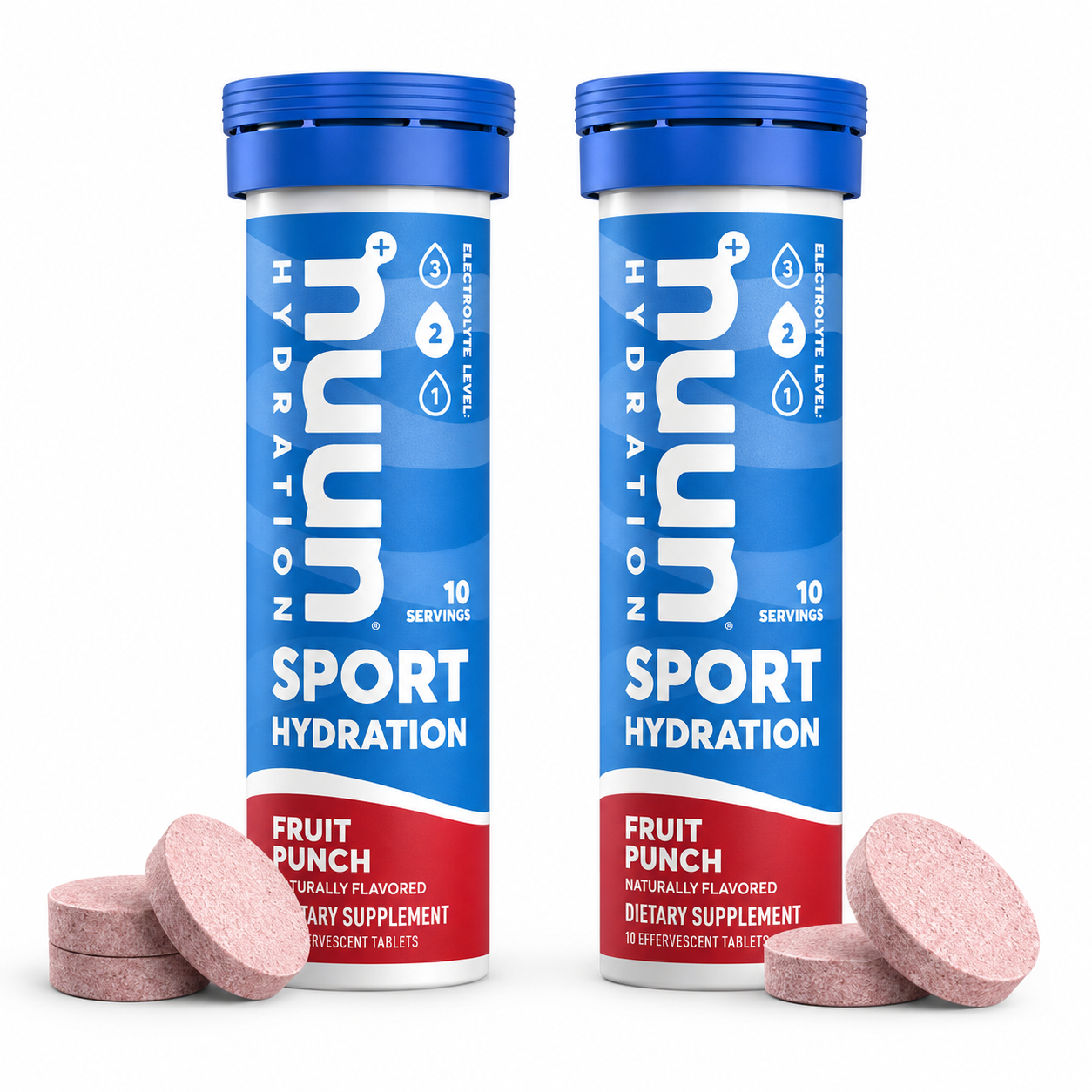 Two tubes of Nuun Sport Hydration tablets in Fruit Punch flavor, each labeled with "10 servings," are shown alongside three effervescent tablets on a white background.