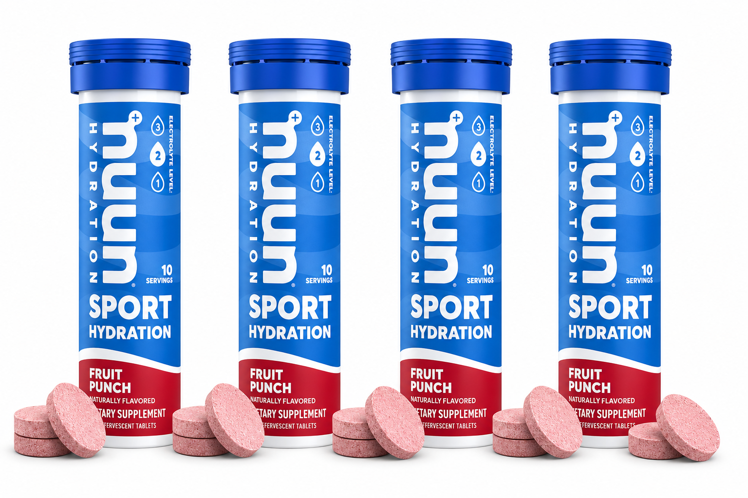 Four blue and white tubes of Nuun Sport Hydration with "Fruit Punch" labels are displayed, accompanied by pink effervescent tablets on a white background.