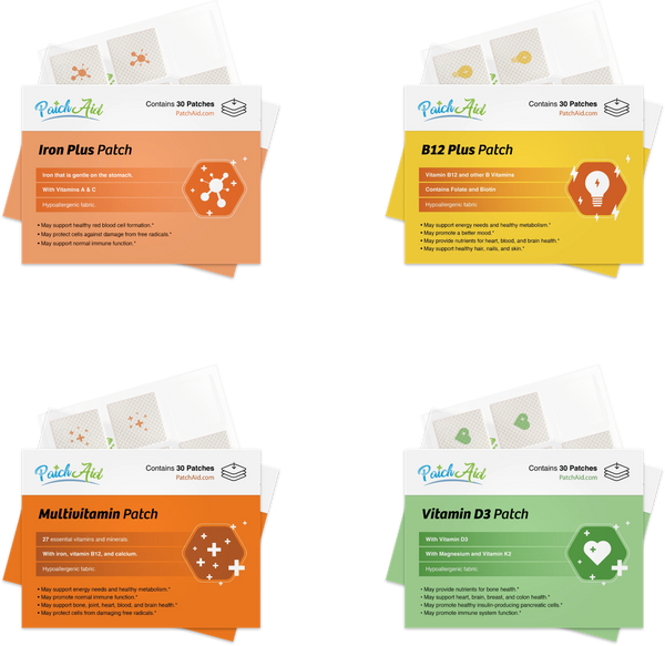 Four colorful product packages for vitamin patches are displayed, featuring Iron Plus, B12 Plus, Multivitamin, and Vitamin D3 patches, each highlighting key benefits and ingredients.