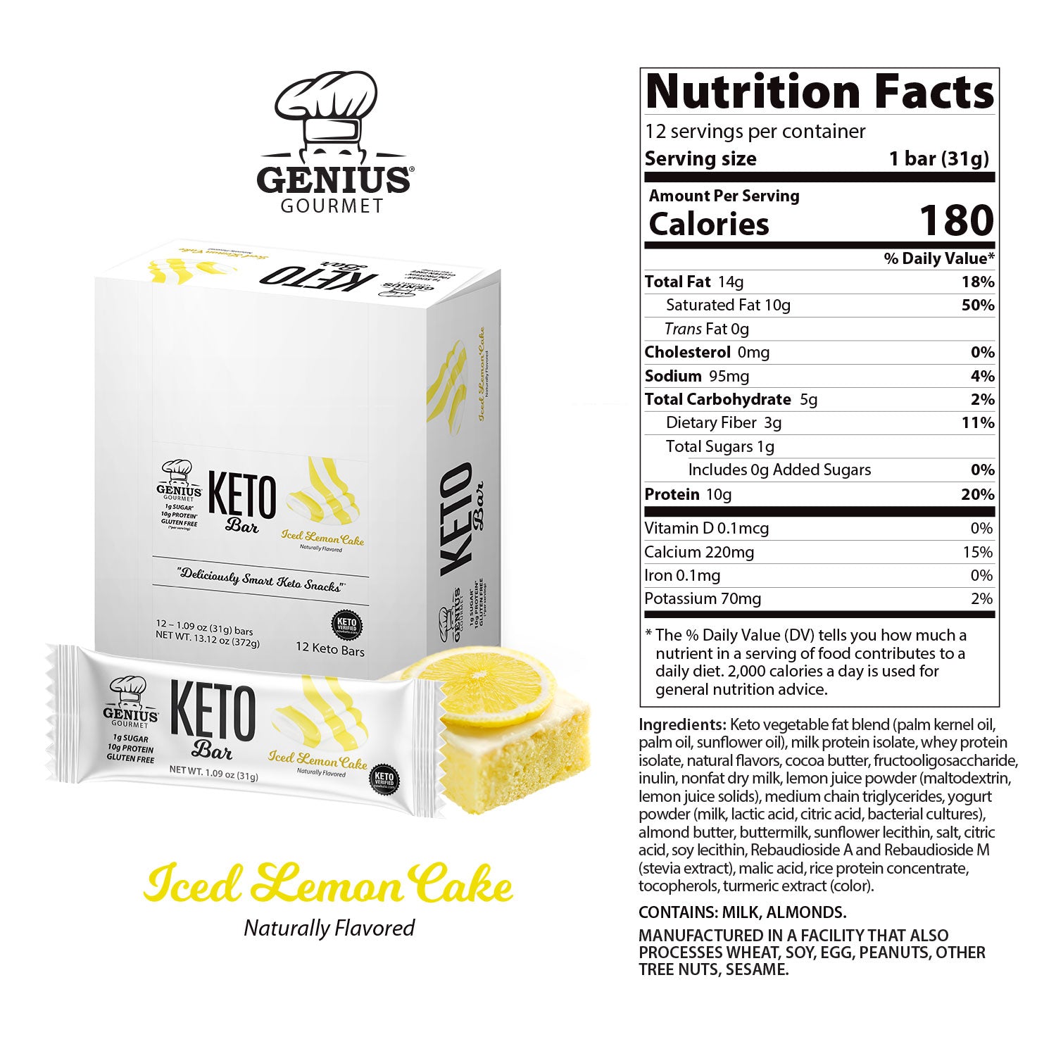 Genius Gourmet Keto Protein & Snack Bars - Iced Lemon Cake
