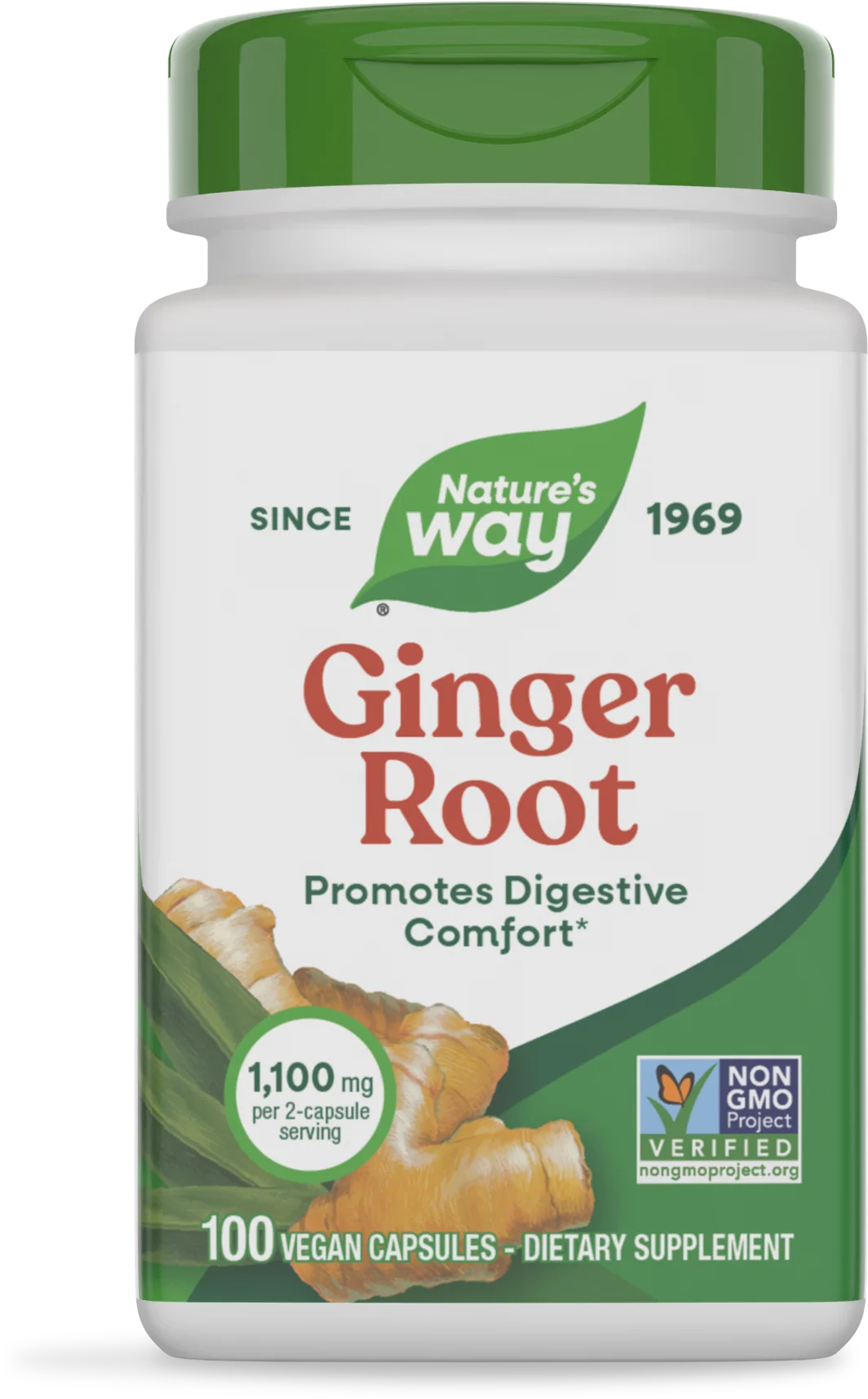 A white bottle with a green cap contains Nature's Way Ginger Root dietary supplement, featuring text that promotes digestive comfort and highlights 1,100 mg per serving and 100 vegan capsules.