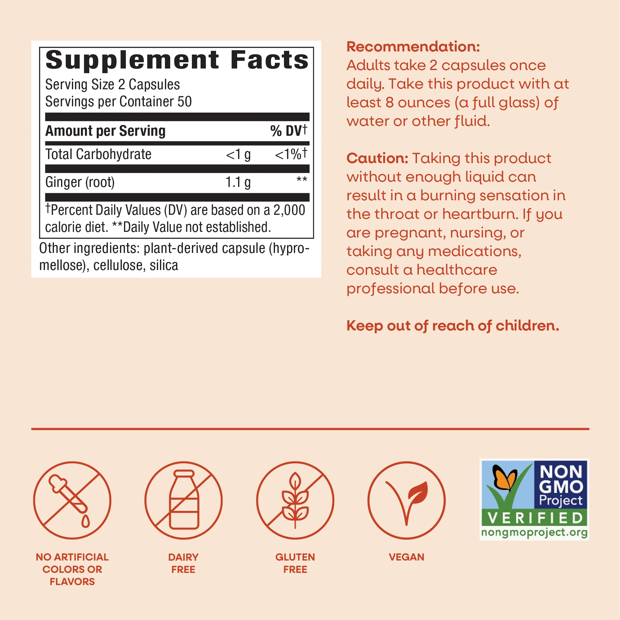 A detailed supplement facts label outlines the serving size, ingredients, and usage recommendations for a ginger root capsule product, highlighting its dietary features and safety cautions.