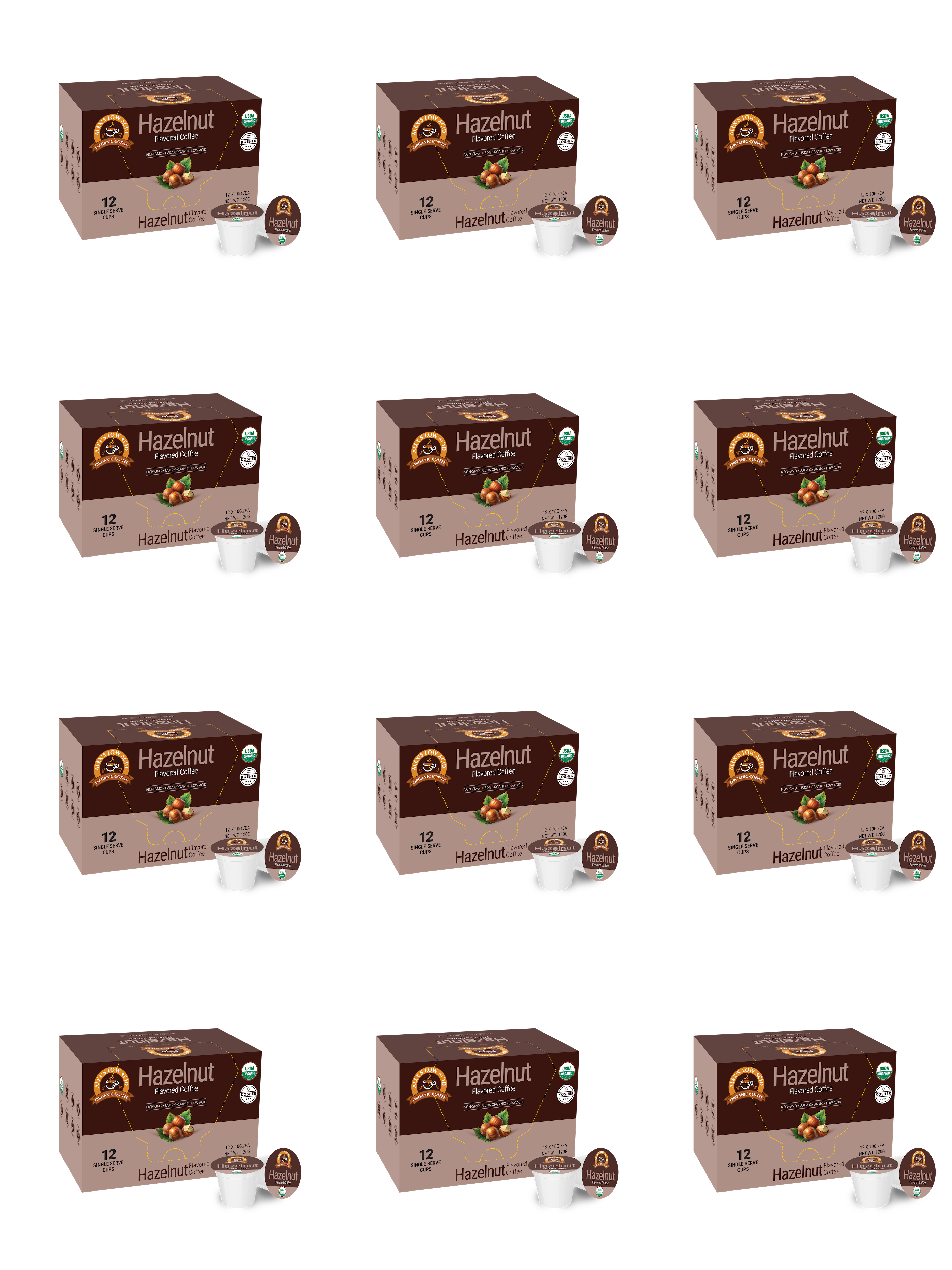 Twelve boxes of Hazelnut flavored coffee pods are arranged in a grid, each box featuring images of hazelnuts and indicating a quantity of 12 pods per box.