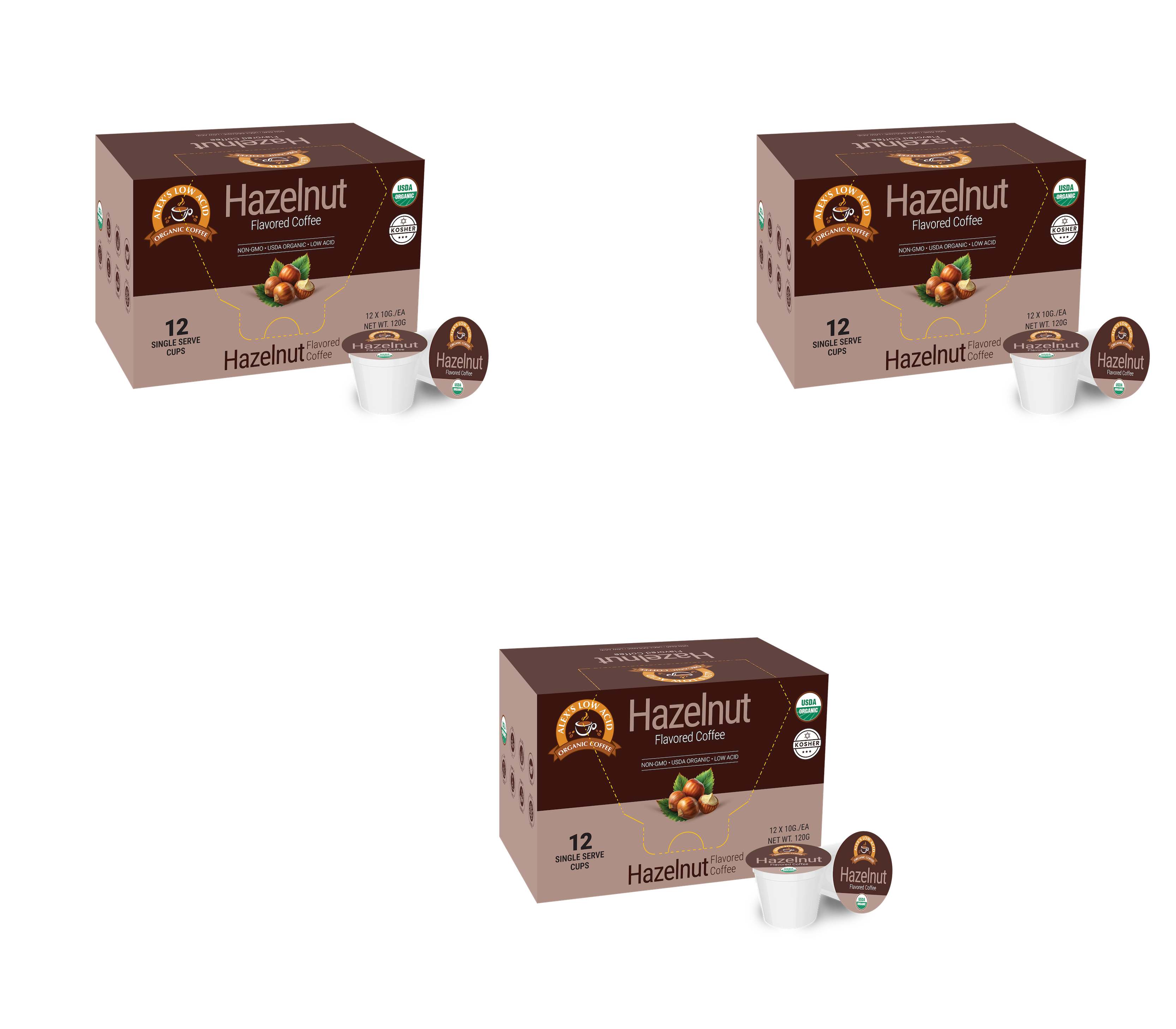 Three boxes of Hazelnut flavored coffee are displayed, each containing 12 single-serve cups, with a small coffee pod shown next to the boxes, highlighting the product's organic certification.