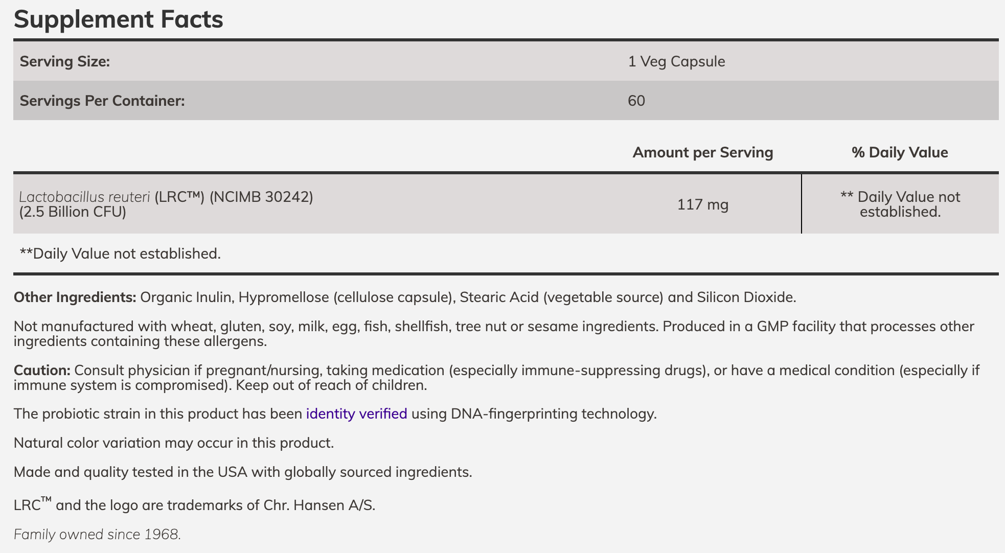 Supplement facts for a probiotic product featuring Lactobacillus reuteri, detailing serving size, ingredients, and cautionary notes for users regarding allergens and health considerations.