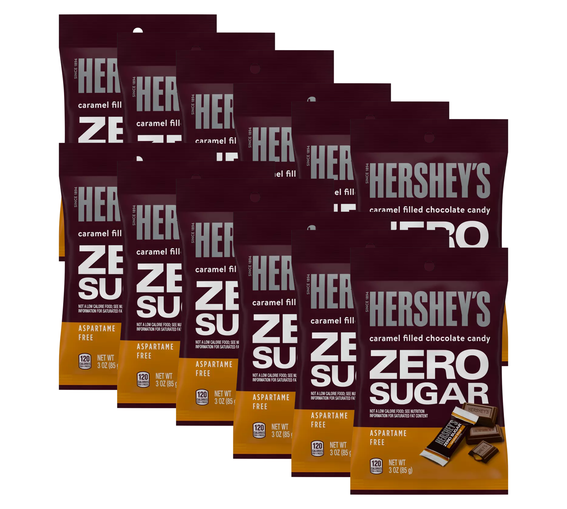 A collection of Hershey's Zero Sugar caramel-filled chocolate candy bags, featuring bold text on the packaging, highlighting that they are aspartame-free and weigh three ounces each.