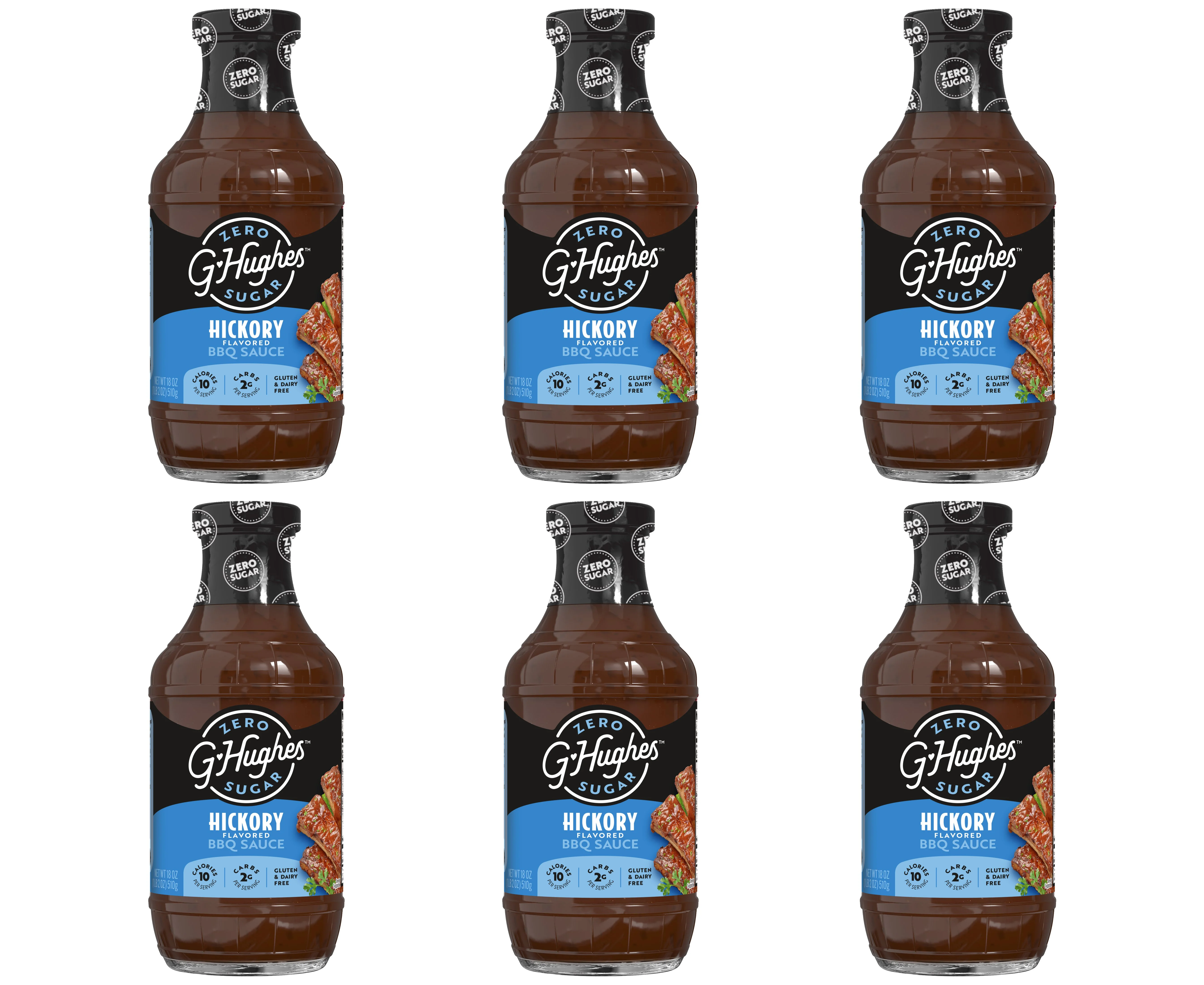 Six bottles of G. Hughes Zero Sugar Hickory Flavored BBQ Sauce are arranged in a grid, showcasing their dark brown liquid and labels featuring a hickory wood graphic and nutritional information.