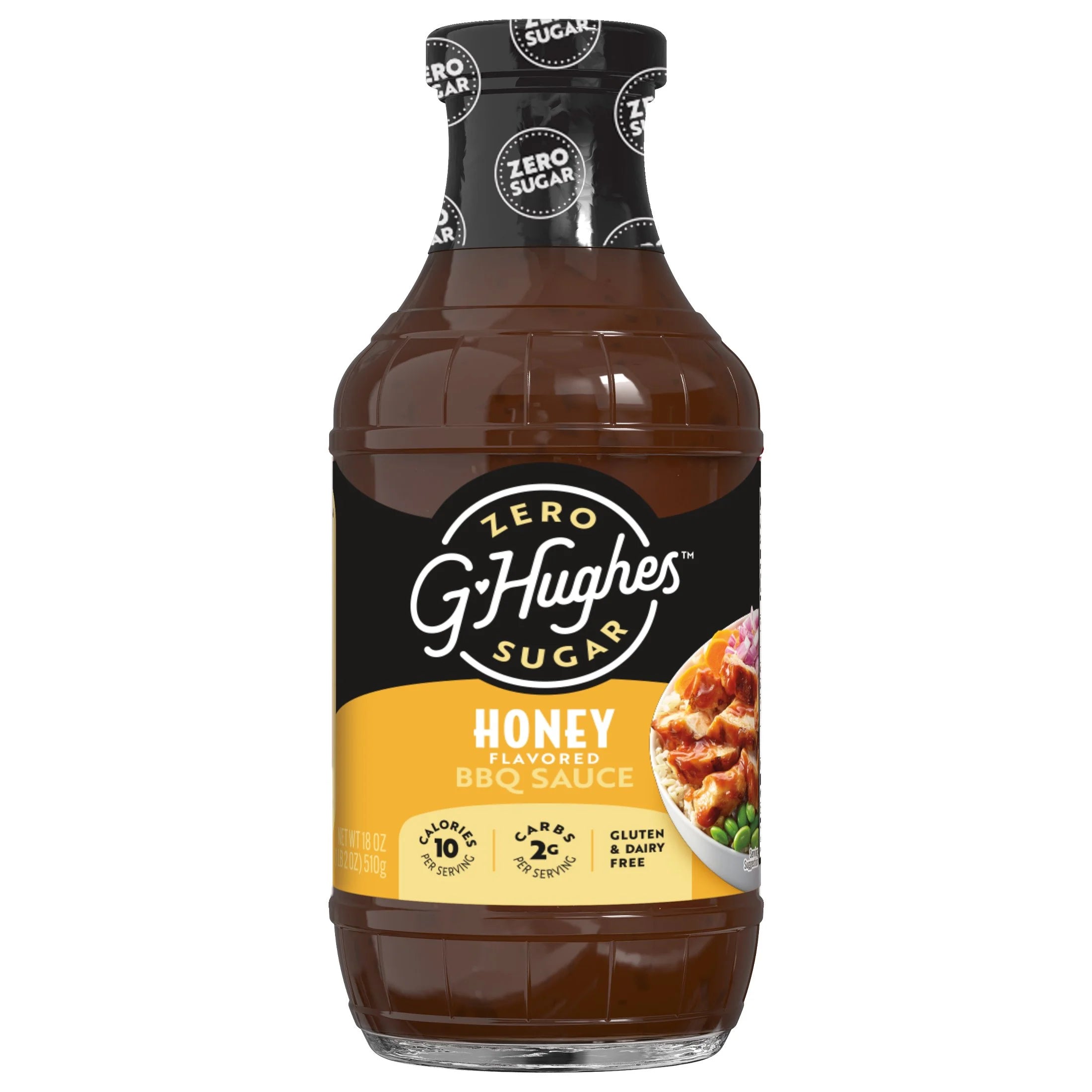 A bottle of G. Hughes Zero Sugar Honey Flavored BBQ Sauce, featuring a dark brown sauce with a bright yellow label, highlighting its low-calorie, gluten-free, and dairy-free attributes.