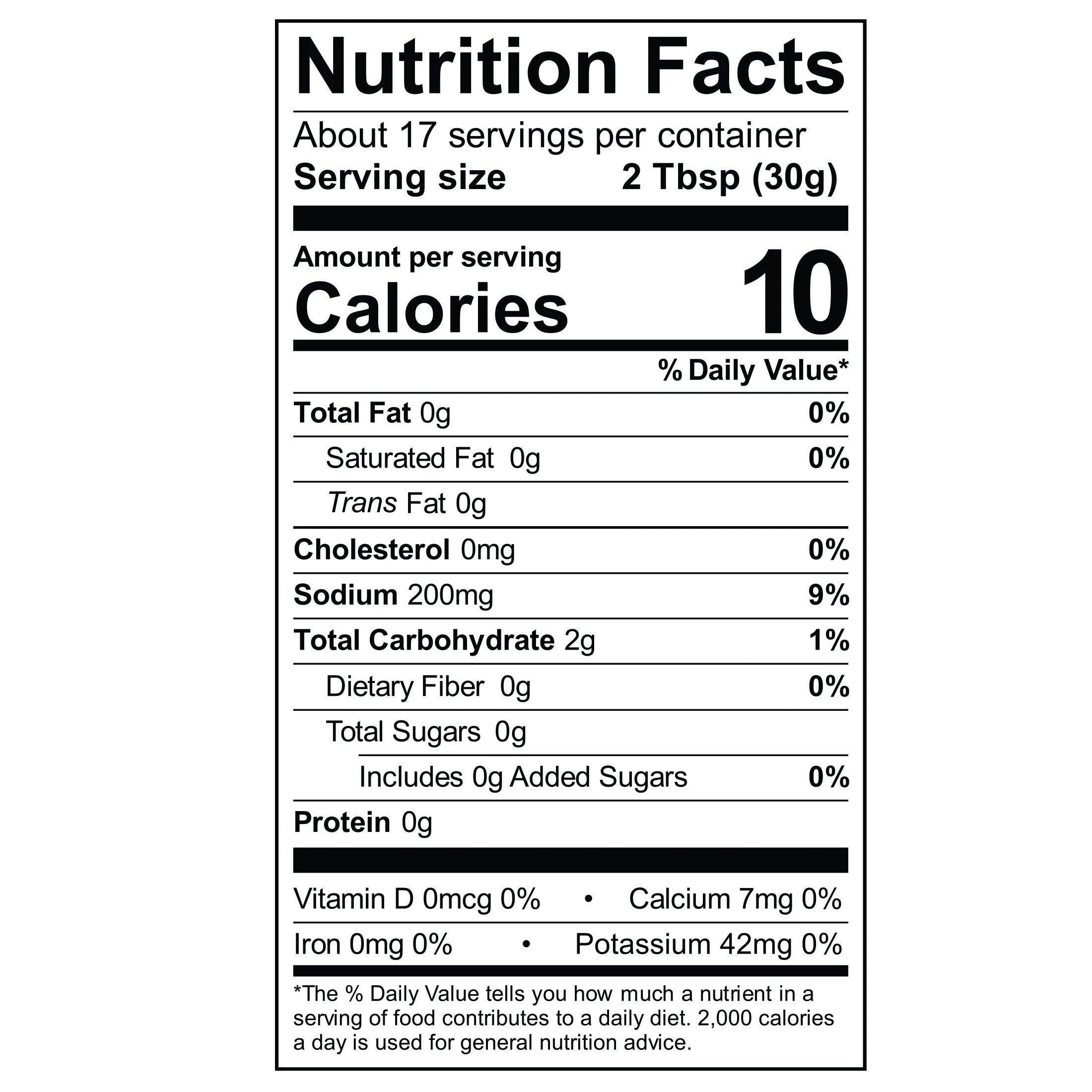 Nutrition facts label displaying serving size, calories, and nutrient content, including total fat, cholesterol, sodium, carbohydrates, and vitamins, for a food product with about 17 servings per container.