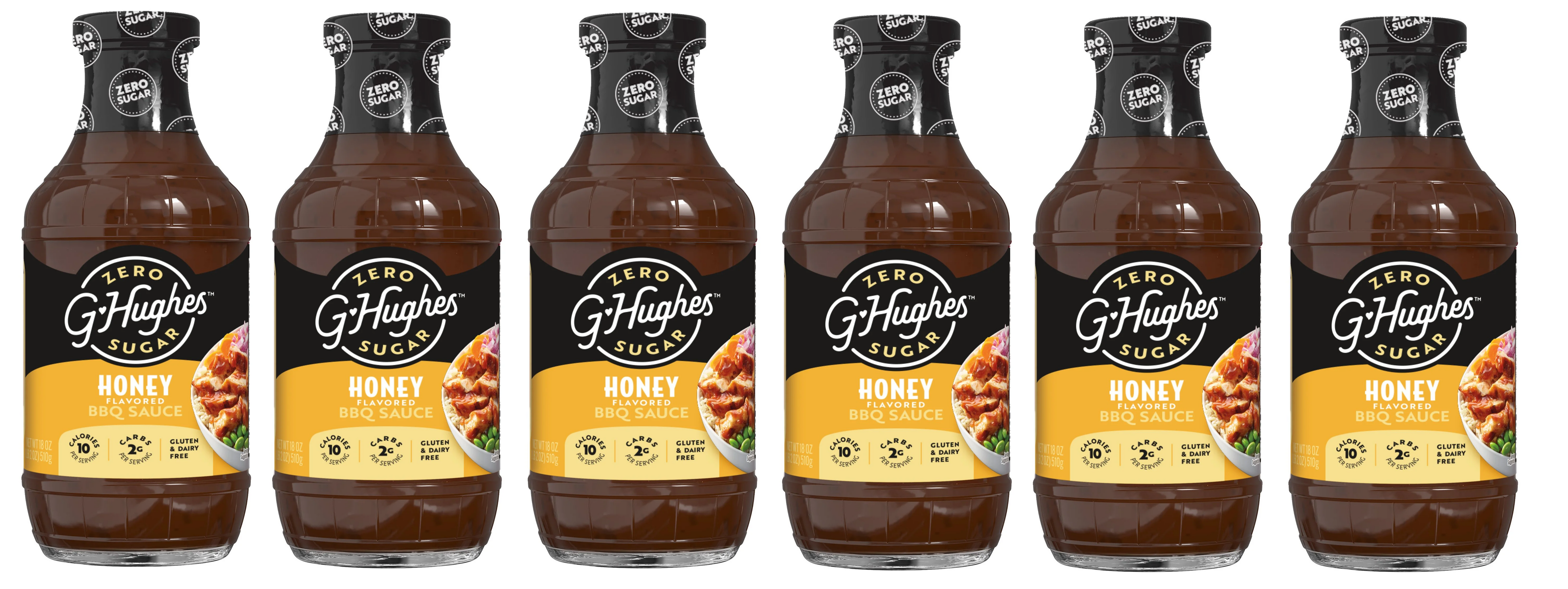 Six bottles of G. Hughes Honey Flavored BBQ Sauce are lined up, showcasing their labels that highlight "Zero Sugar," "Gluten & Dairy Free," and nutritional information.