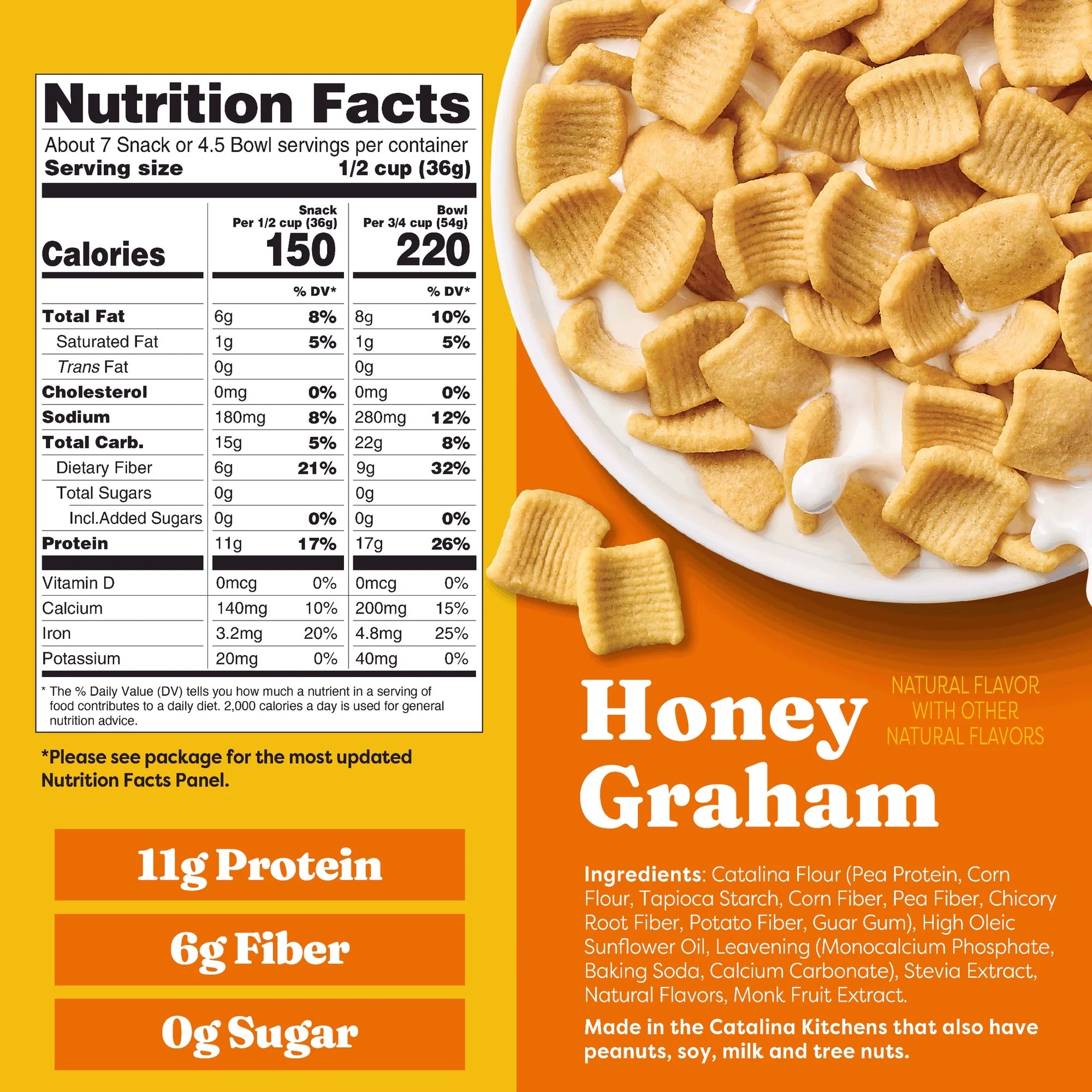 A bowl of Honey Graham cereal sits on a white plate, surrounded by scattered pieces, with a nutrition facts label highlighting its protein, fiber, and sugar content on an orange background.