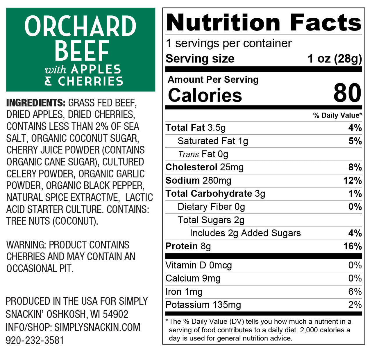 Nutrition facts label for "Orchard Beef with Apples & Cherries," detailing ingredients, serving size, calories, and nutritional information, including fat, protein, and vitamins.