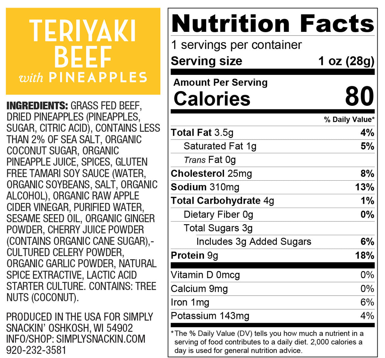 Nutrition facts label for Teriyaki Beef with Pineapples, detailing ingredients, serving size, calories, and nutrient values, set against a bright yellow background.