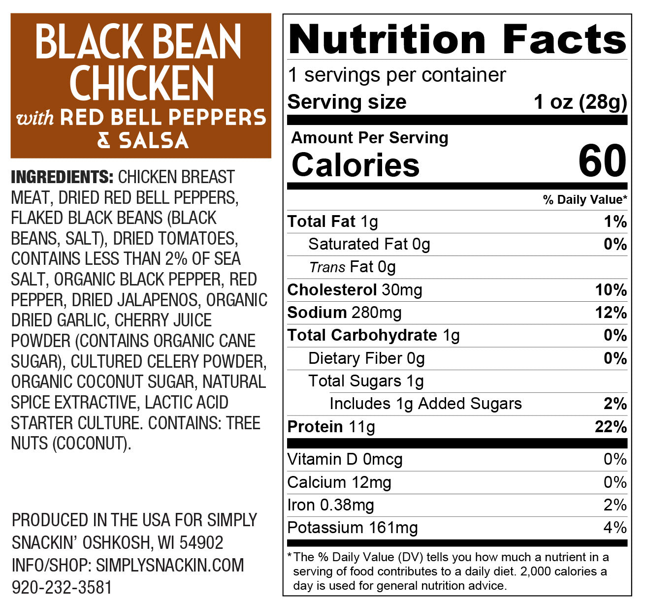 Nutrition facts label for "Black Bean Chicken with Red Bell Peppers & Salsa," detailing ingredients, serving size, and nutritional information, including calories, fats, and protein content.