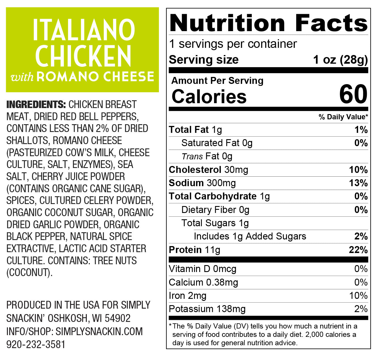 Nutrition facts label for Italiano Chicken with Romano Cheese, detailing ingredients, serving size, calories, and nutrient content, including protein, fat, and sodium levels.