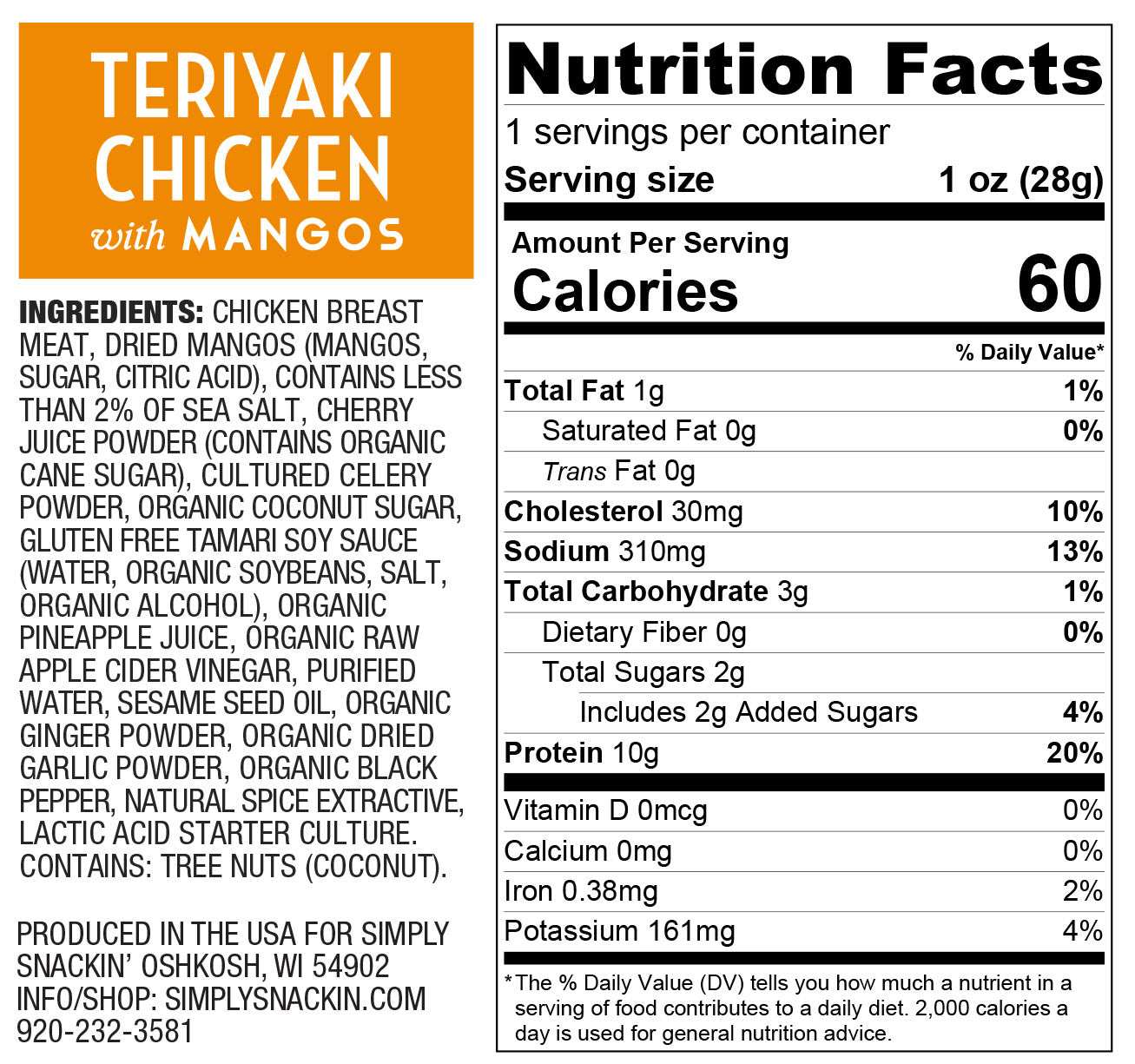 Nutritional label for Teriyaki Chicken with Mangos, detailing ingredients, serving size, and nutritional information such as calories, fat, protein, and sugars.