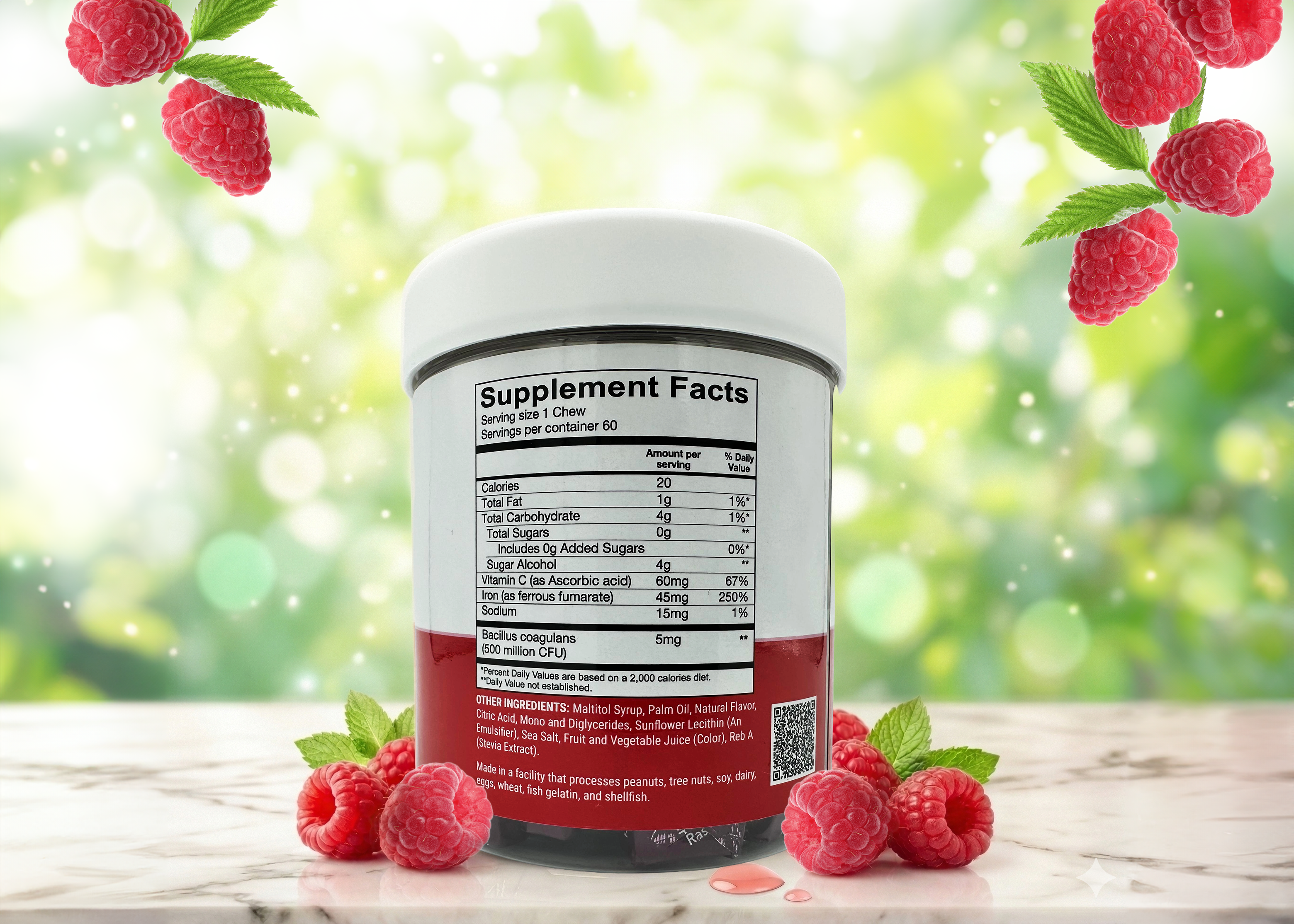 A container of dietary supplement with a white lid displays nutritional facts, surrounded by fresh raspberries and a blurred green background, suggesting a natural, healthy product.