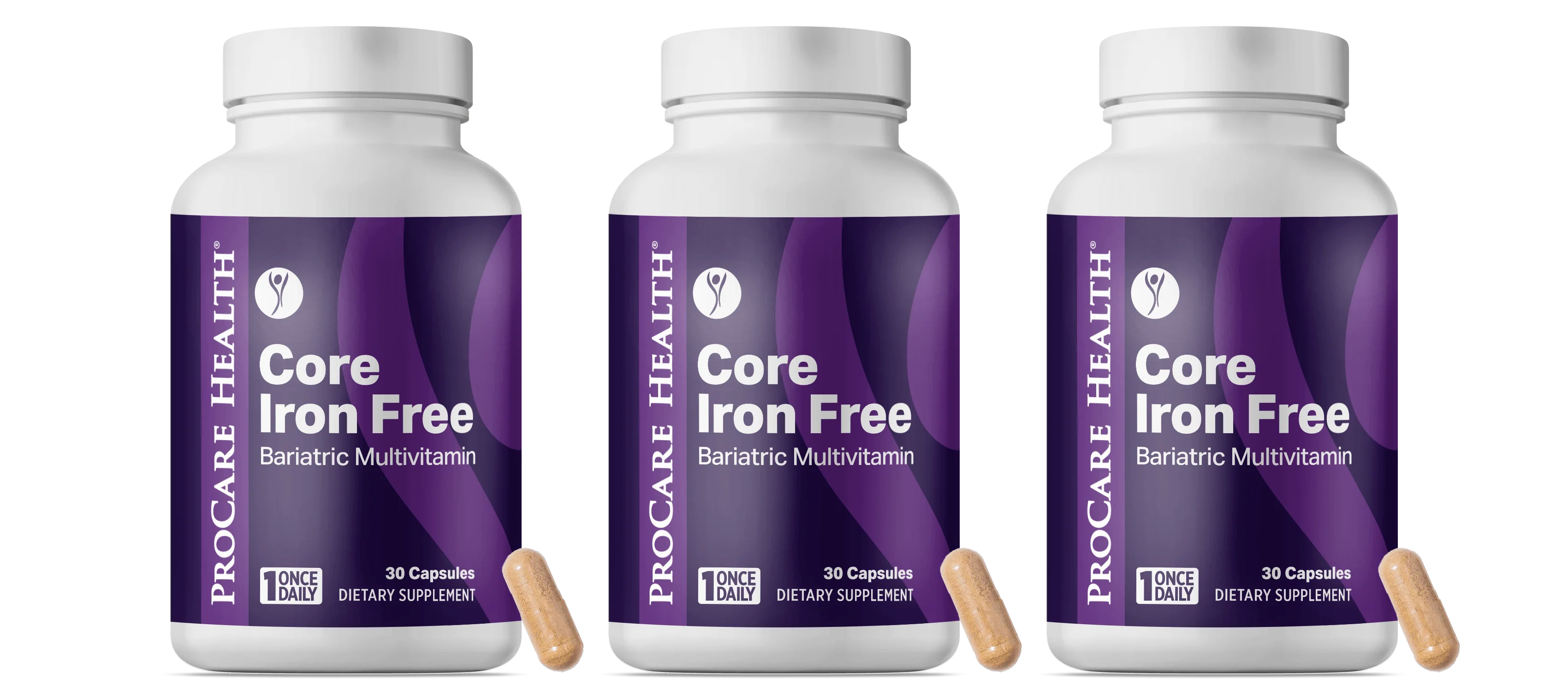 Three bottles of Procare Health's Core Iron Free bariatric multivitamin, each labeled with "30 Capsules" and "Once Daily," with one capsule placed in front of the bottles on a plain background.