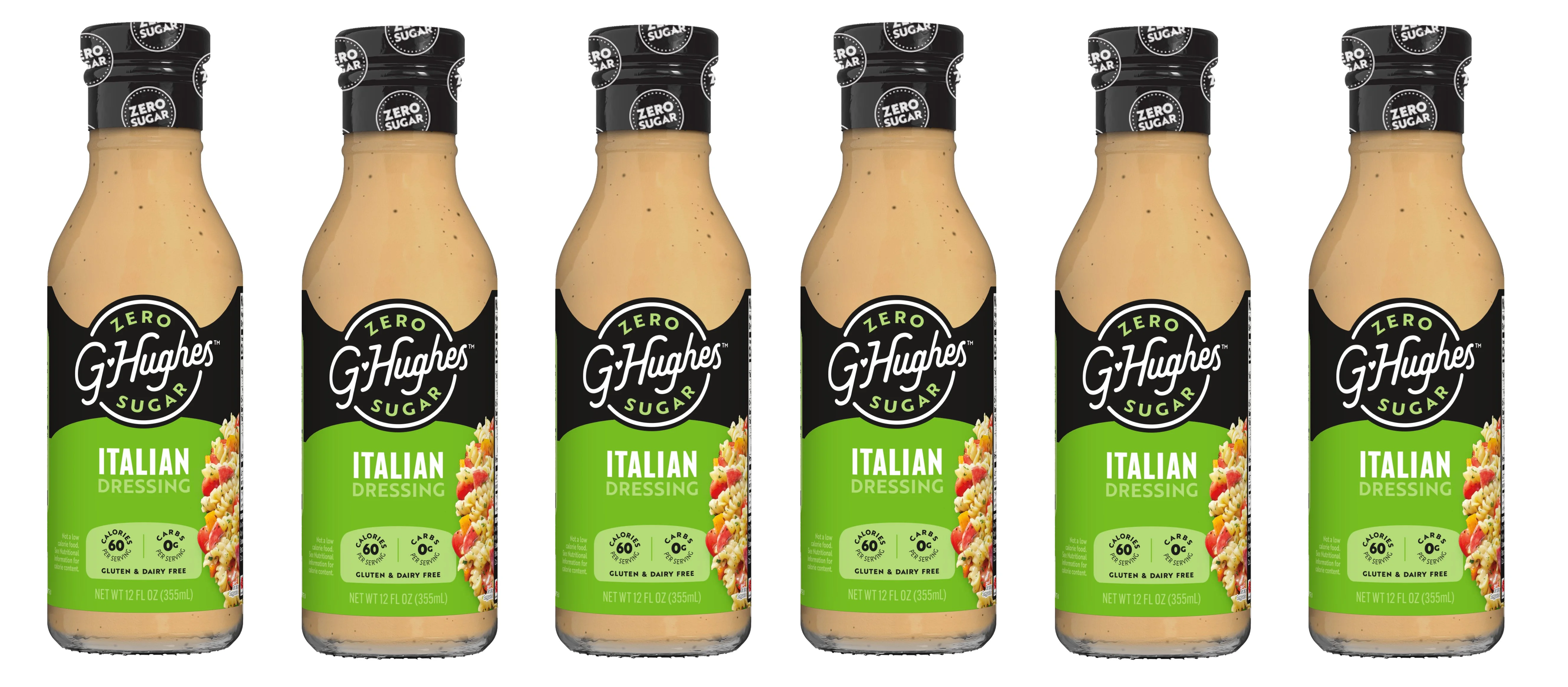 Six bottles of G. Hughes Zero Sugar Italian Dressing are lined up, each featuring a clear label with a black and green design, highlighting that it's gluten-free and low in calories and carbs.