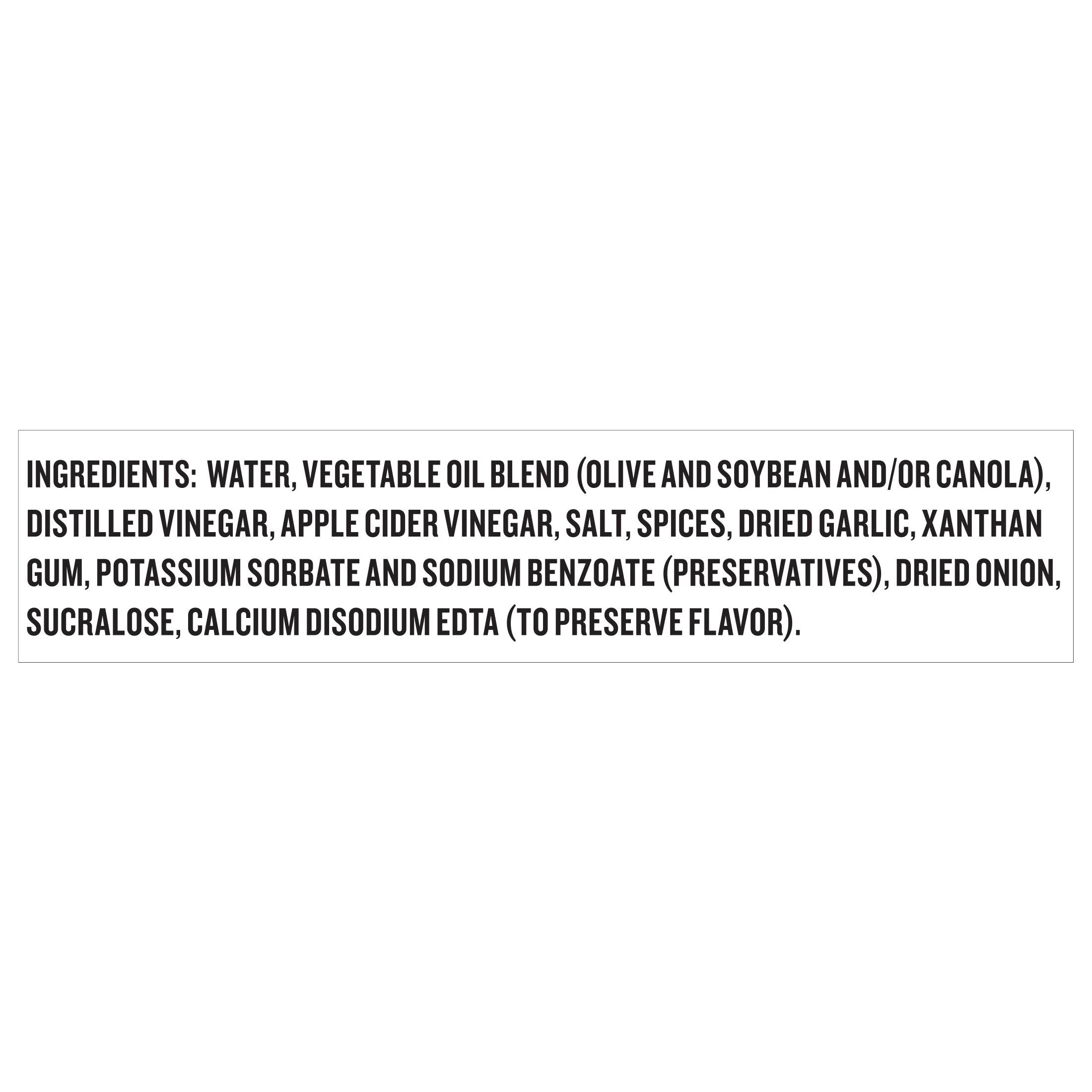 A list of ingredients for a food product, including water, vegetable oil blend, various vinegars, salt, spices, dried garlic, preservatives, and dried onion.