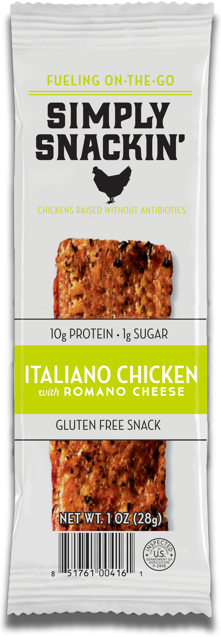 A packaged snack featuring a protein-rich, gluten-free Italiano chicken bar with Romano cheese, labeled "Simply Snackin'," emphasizing its antibiotic-free ingredients and on-the-go convenience.