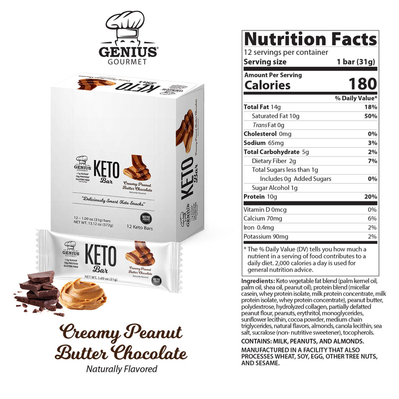 Genius Gourmet Keto Protein & Snack Bars - Creamy Peanut Butter Chocolate