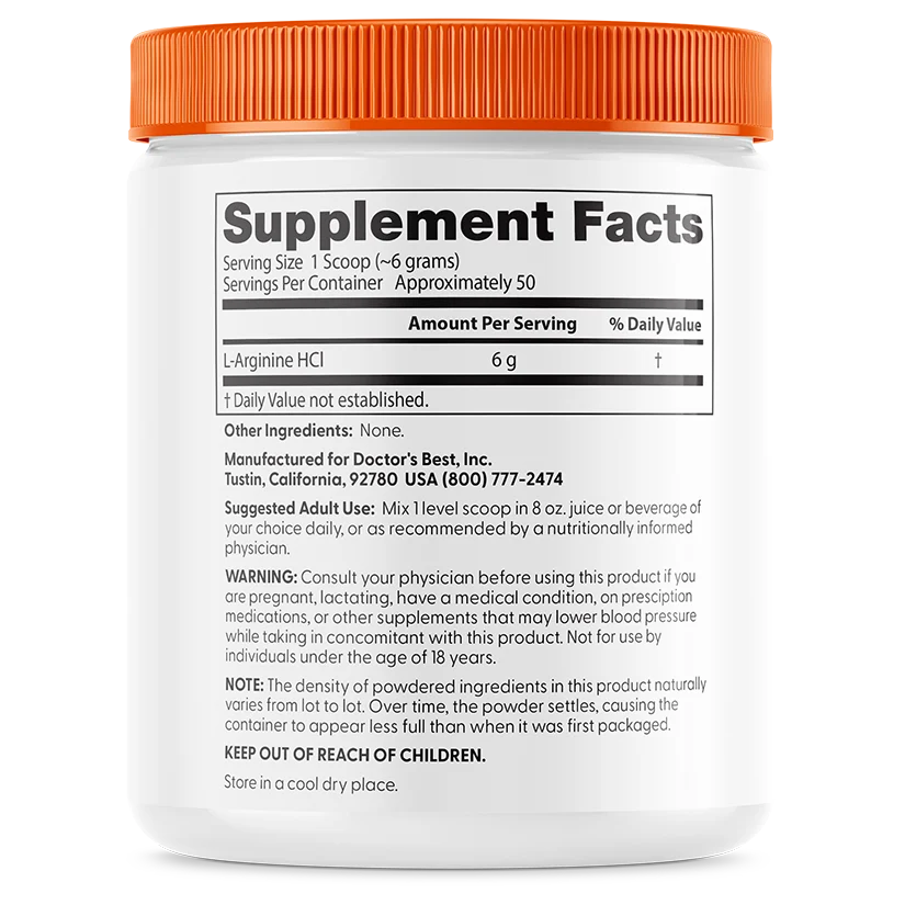 A white supplement container with an orange lid displays nutritional information, including serving size and ingredients, labeled for L-Arginine HCI by Doctor's Best.