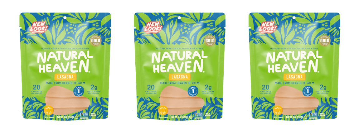 Three packages of Natural Heaven Lasagna are displayed, featuring vibrant green packaging with tropical leaves, highlighting that the product is gluten-free and made from hearts of palm.
