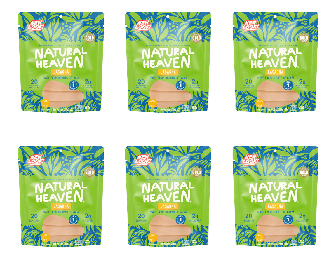 Six packages of Natural Heaven Lasagna are displayed in a grid, featuring a vibrant green design with tropical leaves, highlighting that the product is gluten-free and made from hearts of palm.
