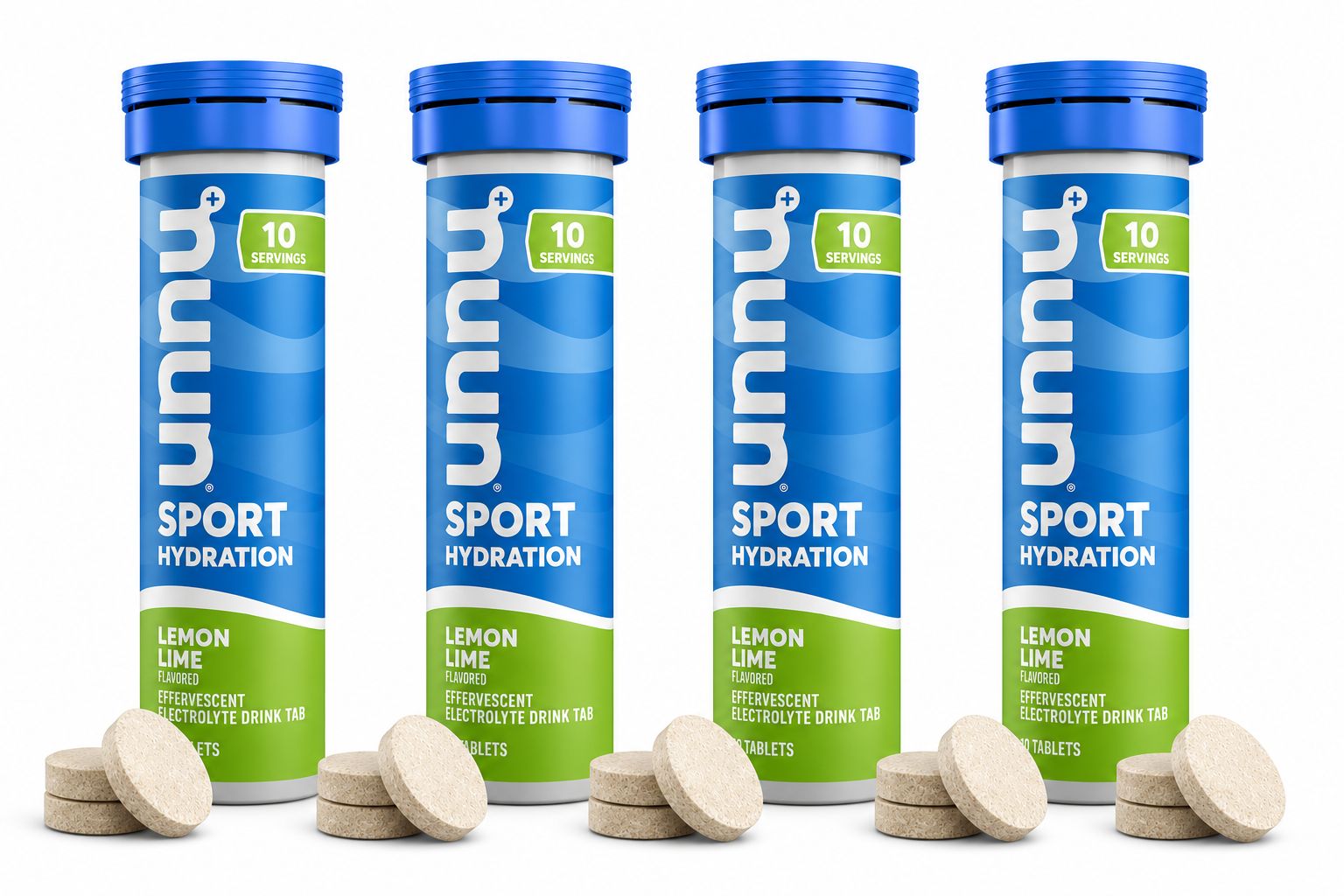 Four tubes of unnu Sport Hydration in Lemon Lime flavor are displayed, with ten effervescent electrolyte drink tablets visible beside each tube on a white background.