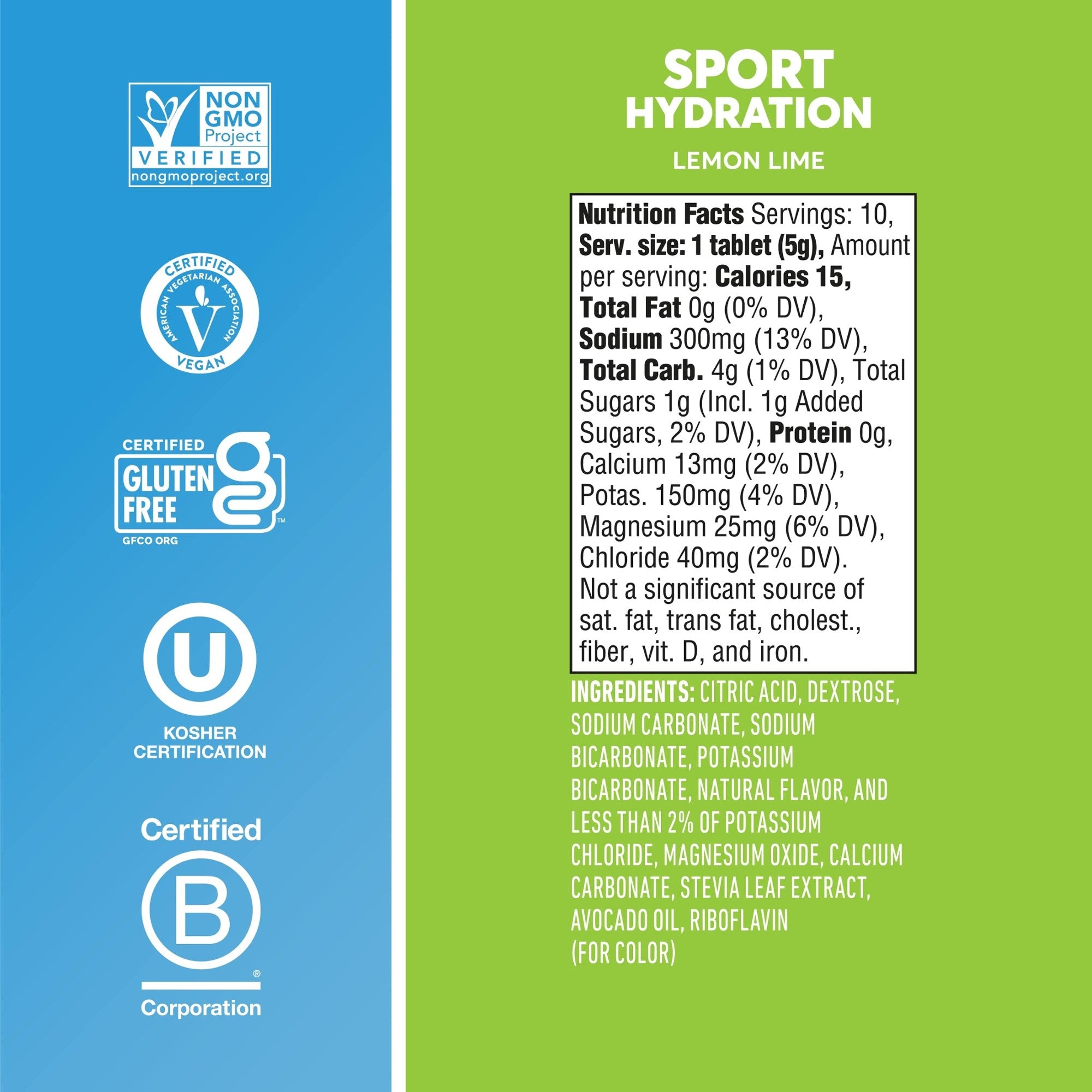A nutrition label for "Sport Hydration" in Lemon Lime flavor, detailing serving size, calories, and nutritional content, with certifications for non-GMO, vegan, gluten-free, and kosher.