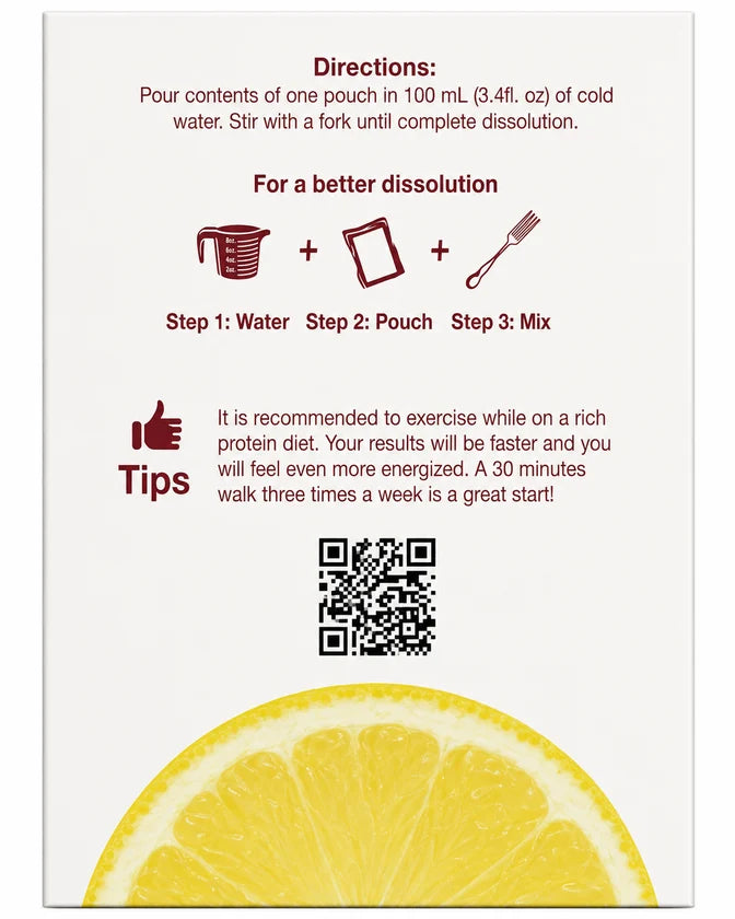 Instructions for mixing a drink, featuring a lemon slice at the bottom, outlining steps for preparation, tips for exercise, and a QR code for additional information.