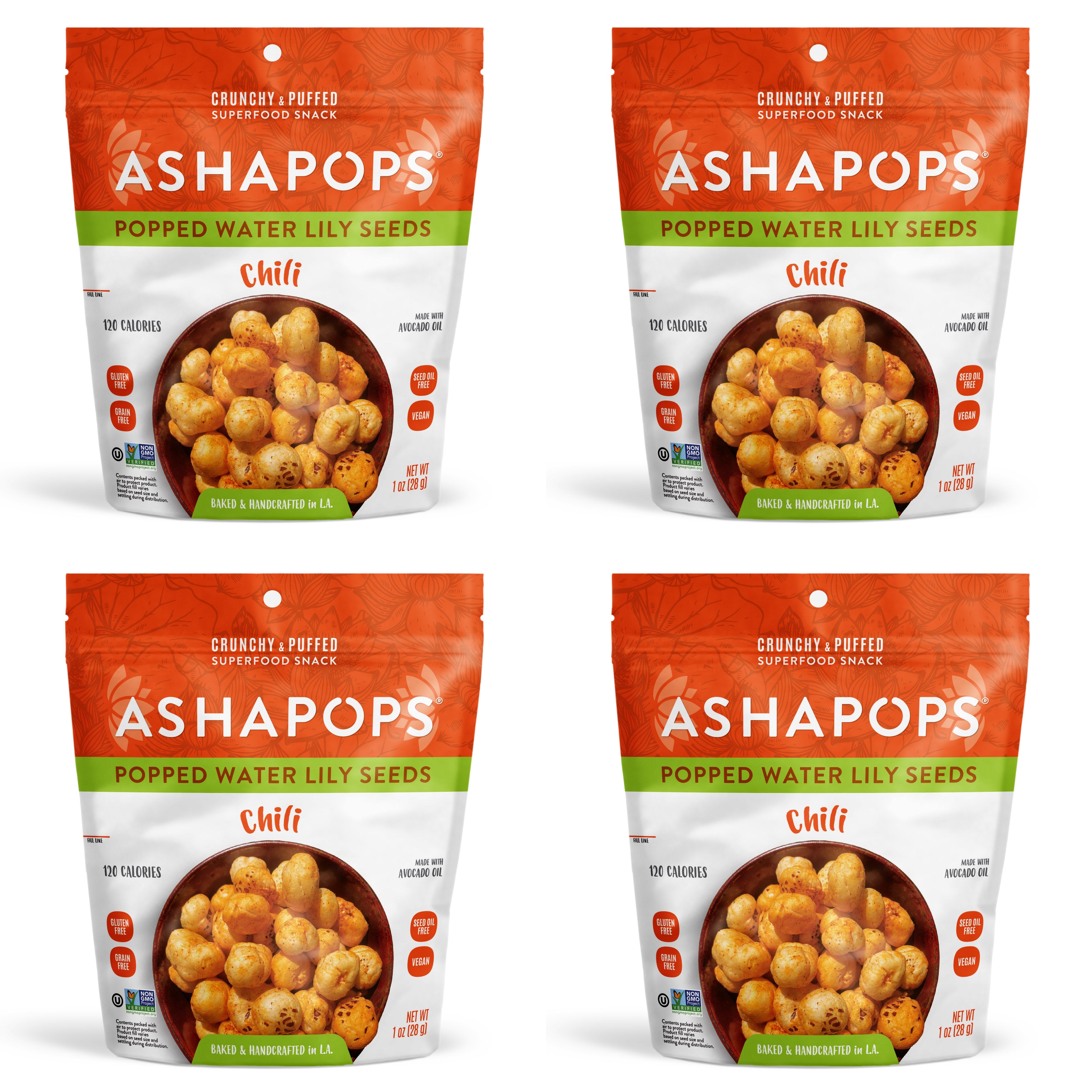 Four bags of ASHAPOPS Popped Water Lily Seeds in Chili flavor are displayed, featuring a vibrant orange design with a bowl of the crunchy snack on the front, highlighting its vegan and low-calorie attributes.