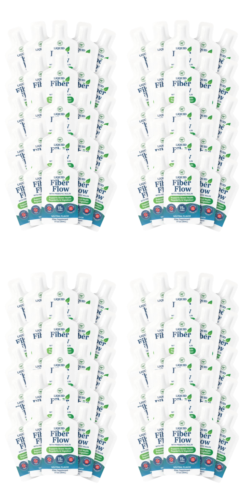 A collection of liquid fiber supplement bottles is arranged in a grid pattern, featuring a white design with green accents and labels indicating support for digestive health and regularity.