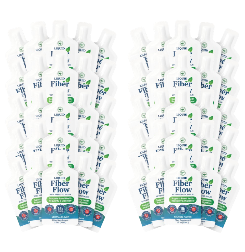 A collection of 15 identical white bottles of Liquid Fiber Flow, each labeled with product details, arranged in a symmetrical pattern against a plain background, emphasizing the fiber supplement's benefits.