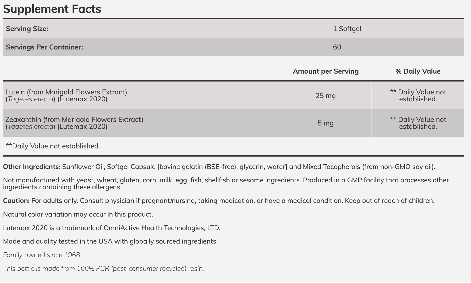 Supplement facts for a dietary supplement showing details about serving size, ingredients like lutein and zeaxanthin from marigold extract, and cautionary notes for consumers.