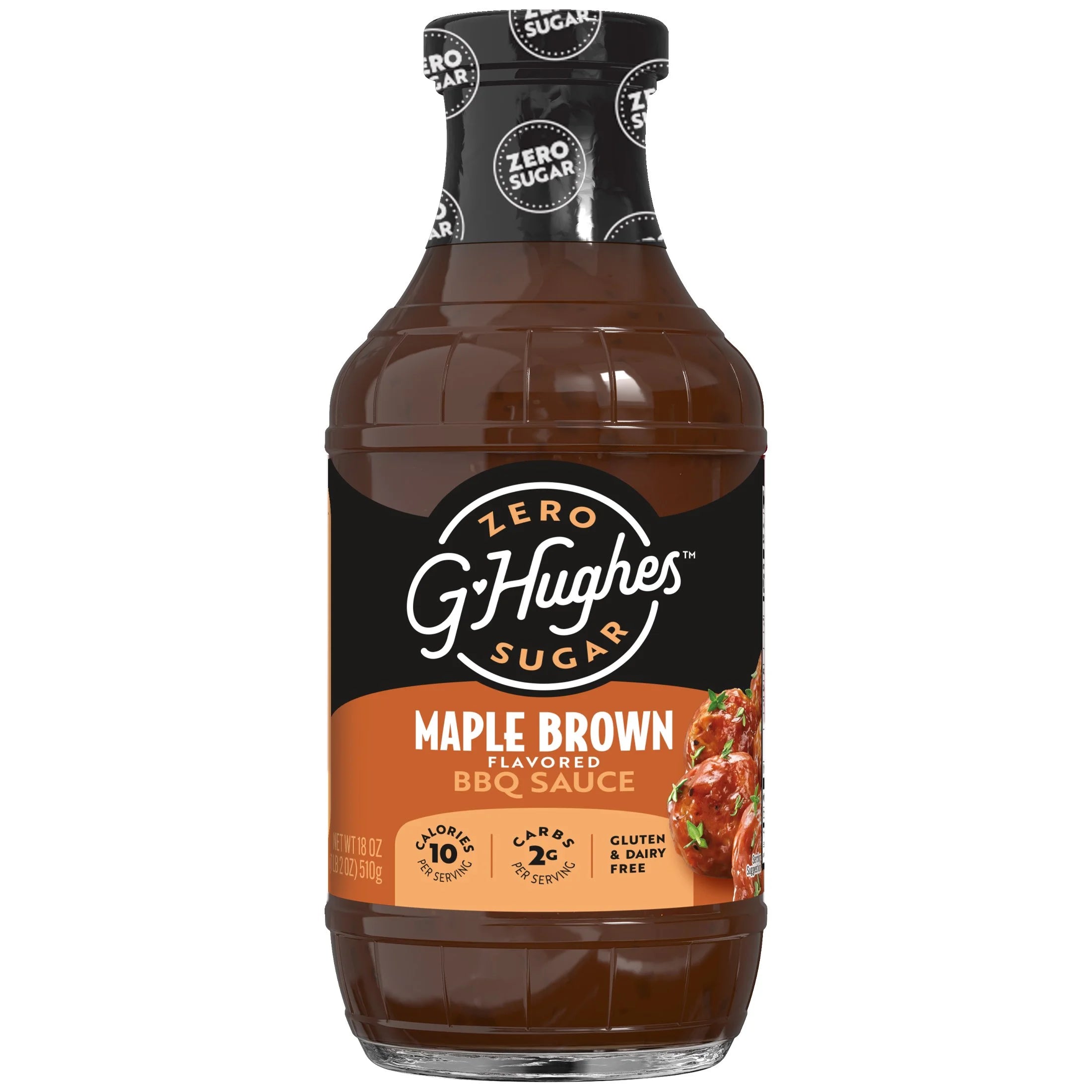 A clear bottle of G. Hughes Maple Brown flavored BBQ sauce, labeled as zero sugar, showcases its rich brown color and highlights nutritional information on the front.