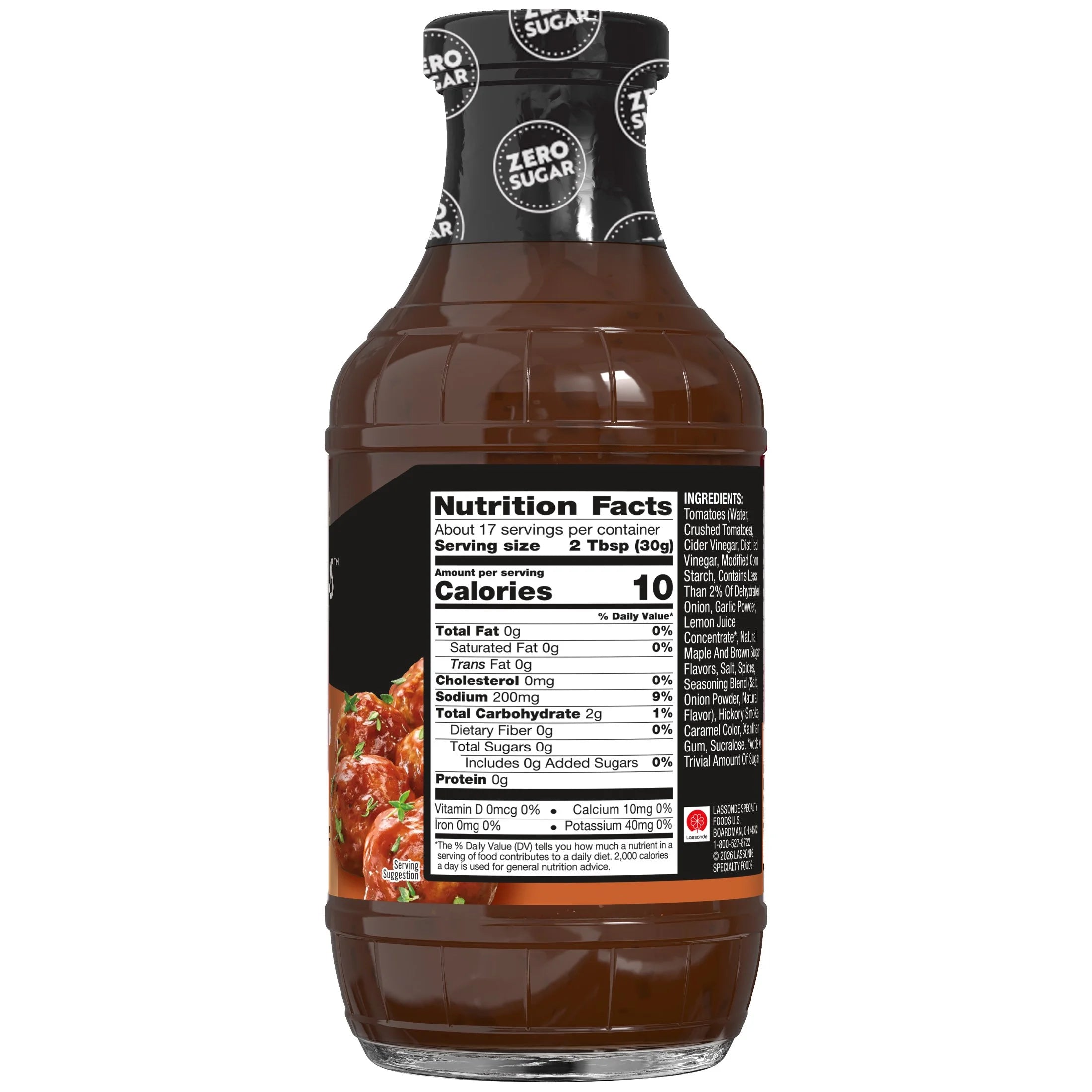 A clear plastic bottle of zero-sugar barbecue sauce with a black cap, featuring a nutrition facts label and a serving suggestion of meat, set against a neutral background.