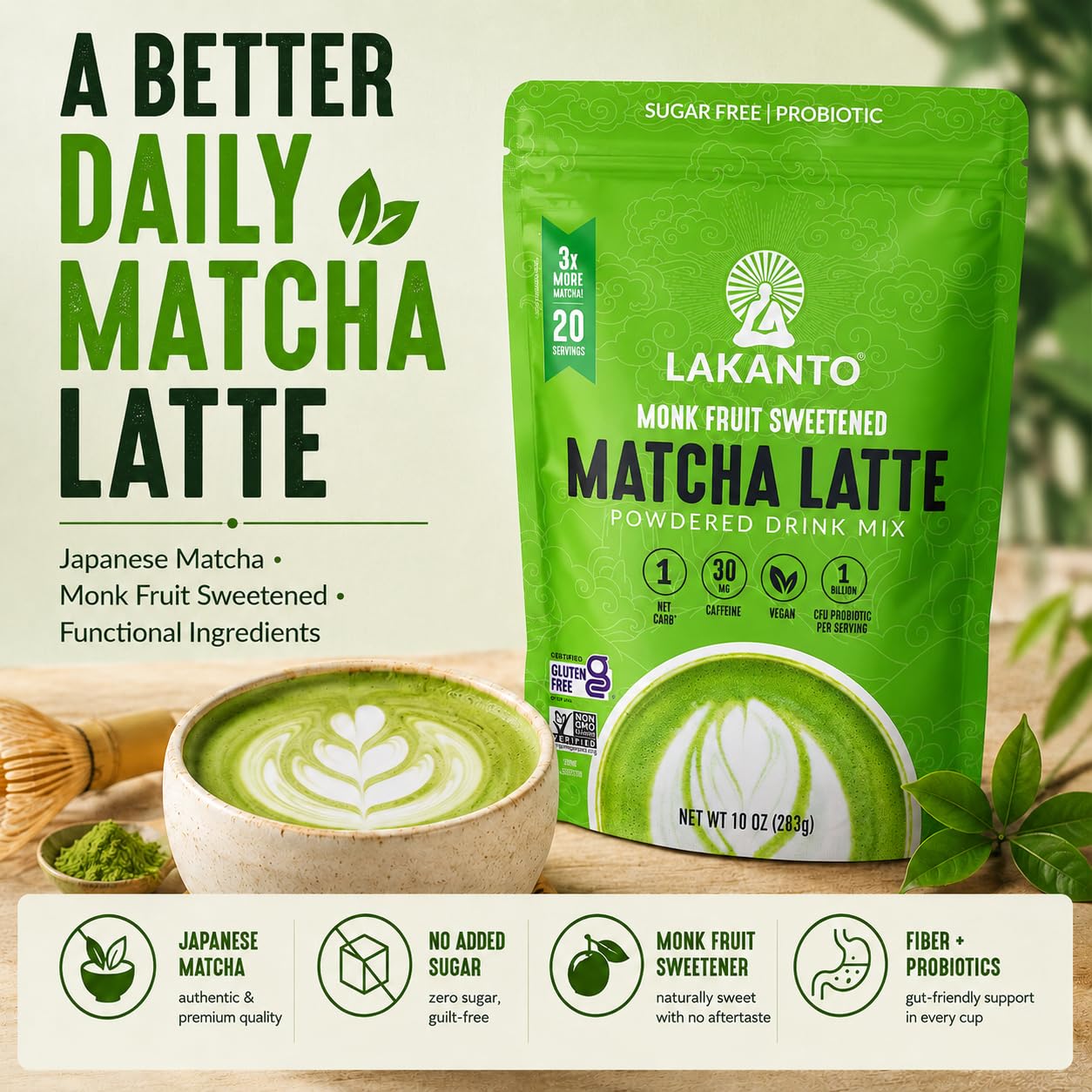 A green packet of Lakanto Monk Fruit Sweetened Matcha Latte drink mix stands next to a bowl of matcha latte with a leaf design, highlighting its sugar-free and probiotic benefits.