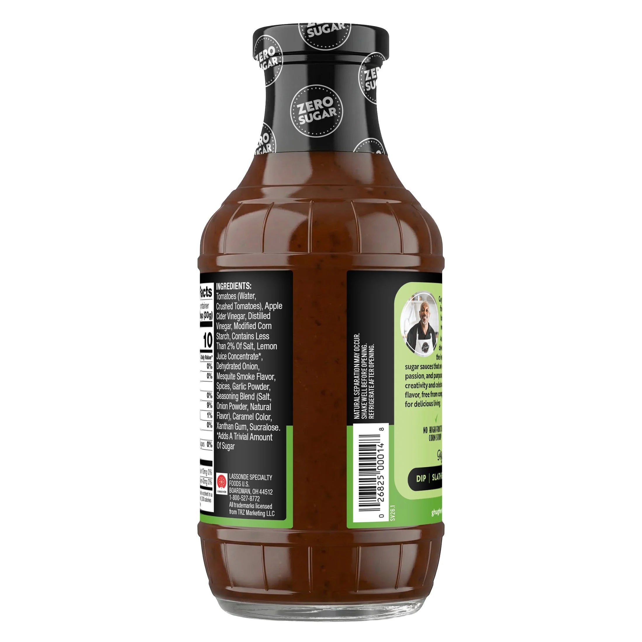 A brown sauce bottle labeled "Zero Sugar" features a black and green design, displaying ingredients and nutrition facts on the back, with a photo of a smiling chef promoting the product.