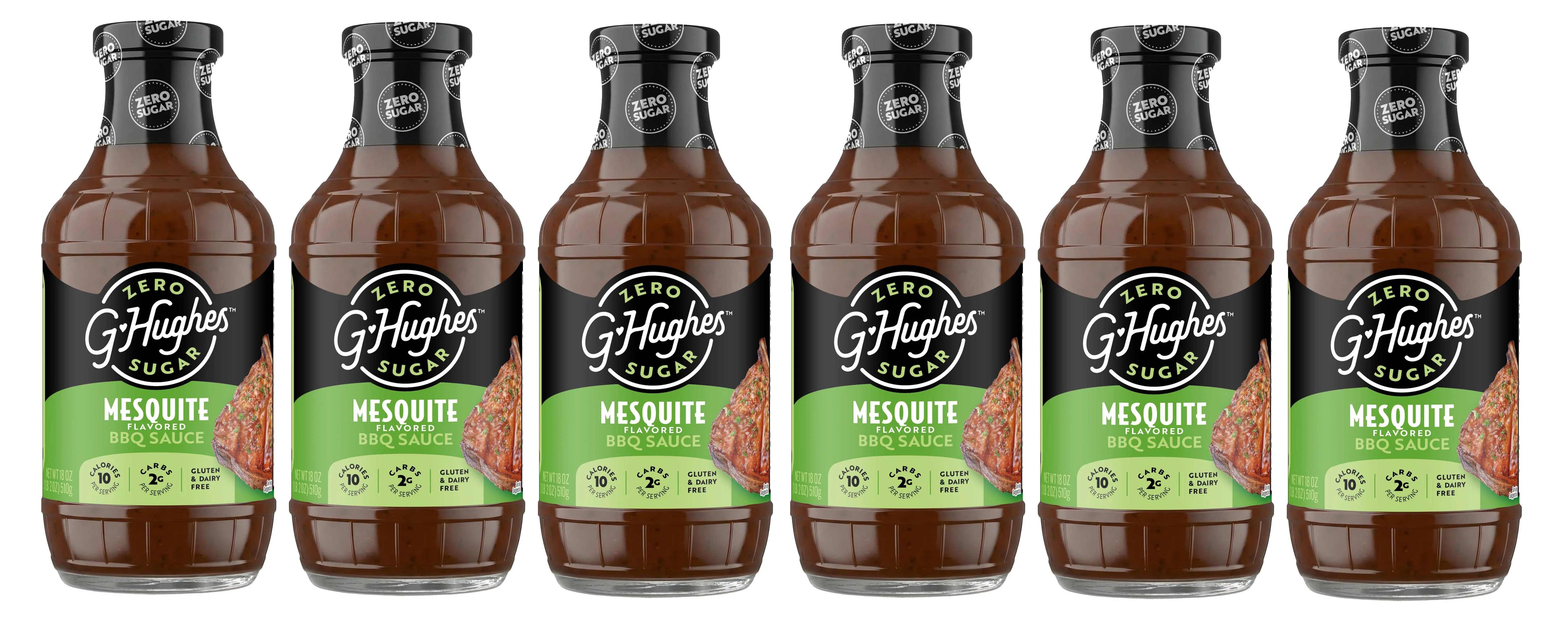 Six bottles of G. Hughes Mesquite Flavored BBQ Sauce are lined up, each featuring a black label with white text and a green section, highlighting that it is zero sugar, gluten-free, and dairy-free.
