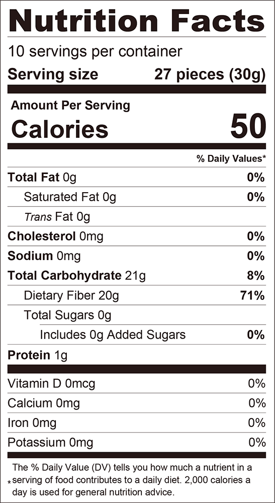 Nutrition facts label showing details for a product, including serving size, calories, total fat, carbohydrates, sugars, protein, and vitamins, with a focus on dietary fiber and overall nutritional content.