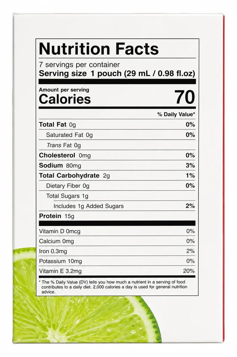 Nutrition facts label displaying serving size, calories, and nutrient content, with a green lime graphic at the bottom, indicating it is related to a lime-flavored product.